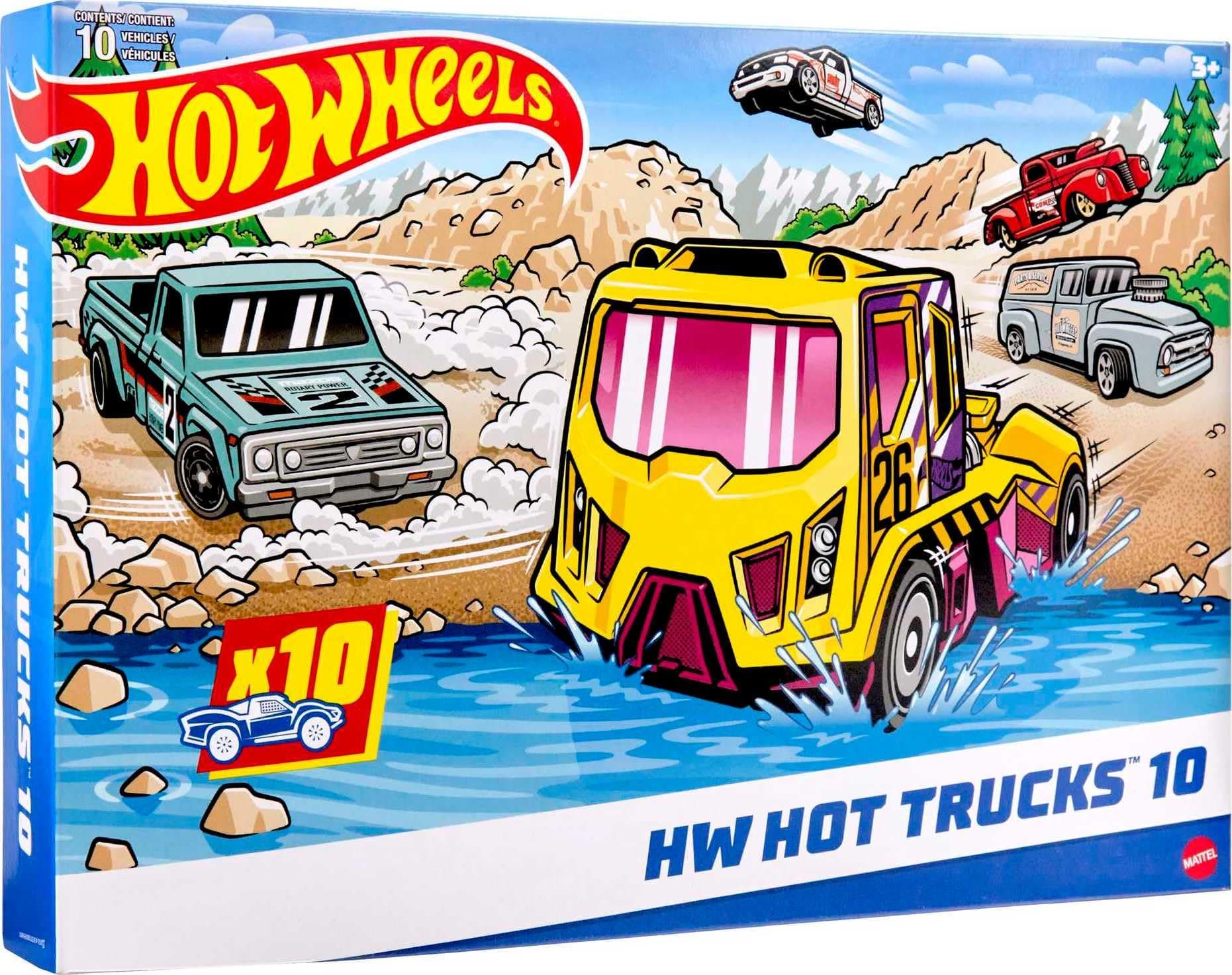 Hot Wheels 10-Pack, Set of 10 Toy Trucks in 1:64 Scale, Mix of Officially Licensed & Unlicensed Pick-Ups, Rescue or Semi Trucks (Styles May Vary) 10-Pack Trucks