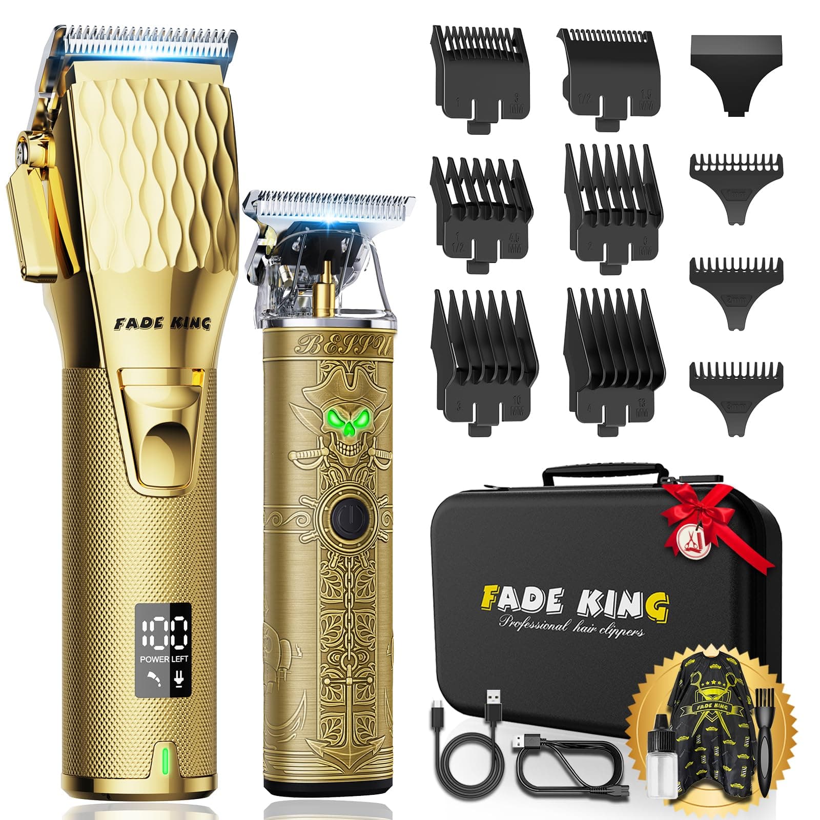 FADEKING® Professional Hair Clippers & Beard Trimmer Set for Men – Cordless Barber Clippers with LCD Display, Precision Trimmer & Travel Case – Gifts for Men Husband Father (Gold + Bronze) CLIPPER+TRIMMER Gold+bronze