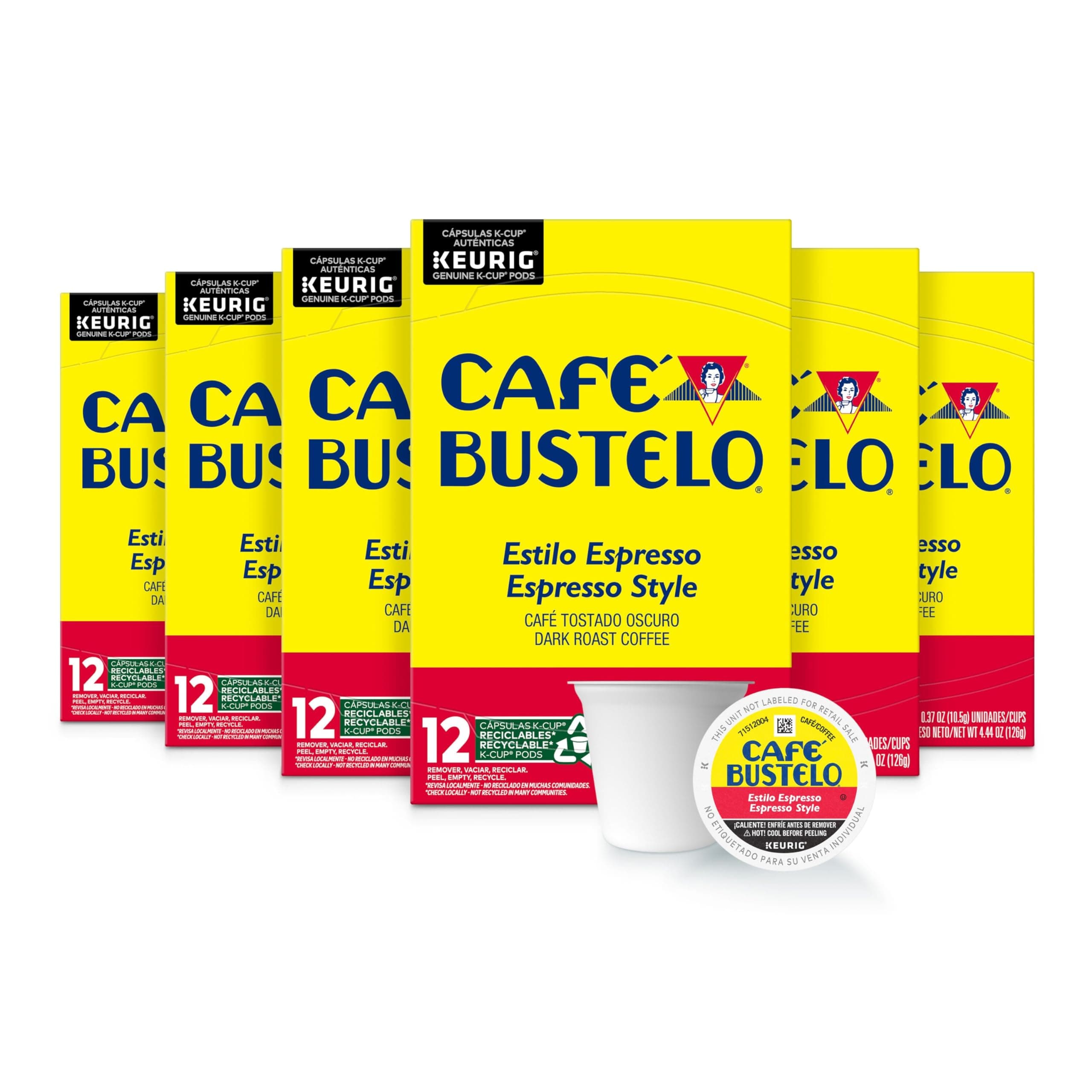 Café Bustelo Espresso Style Dark Roast Coffee, 72 Count Keurig K-Cup Pods Espresso Dark Roast 12 Count (Pack of 6)