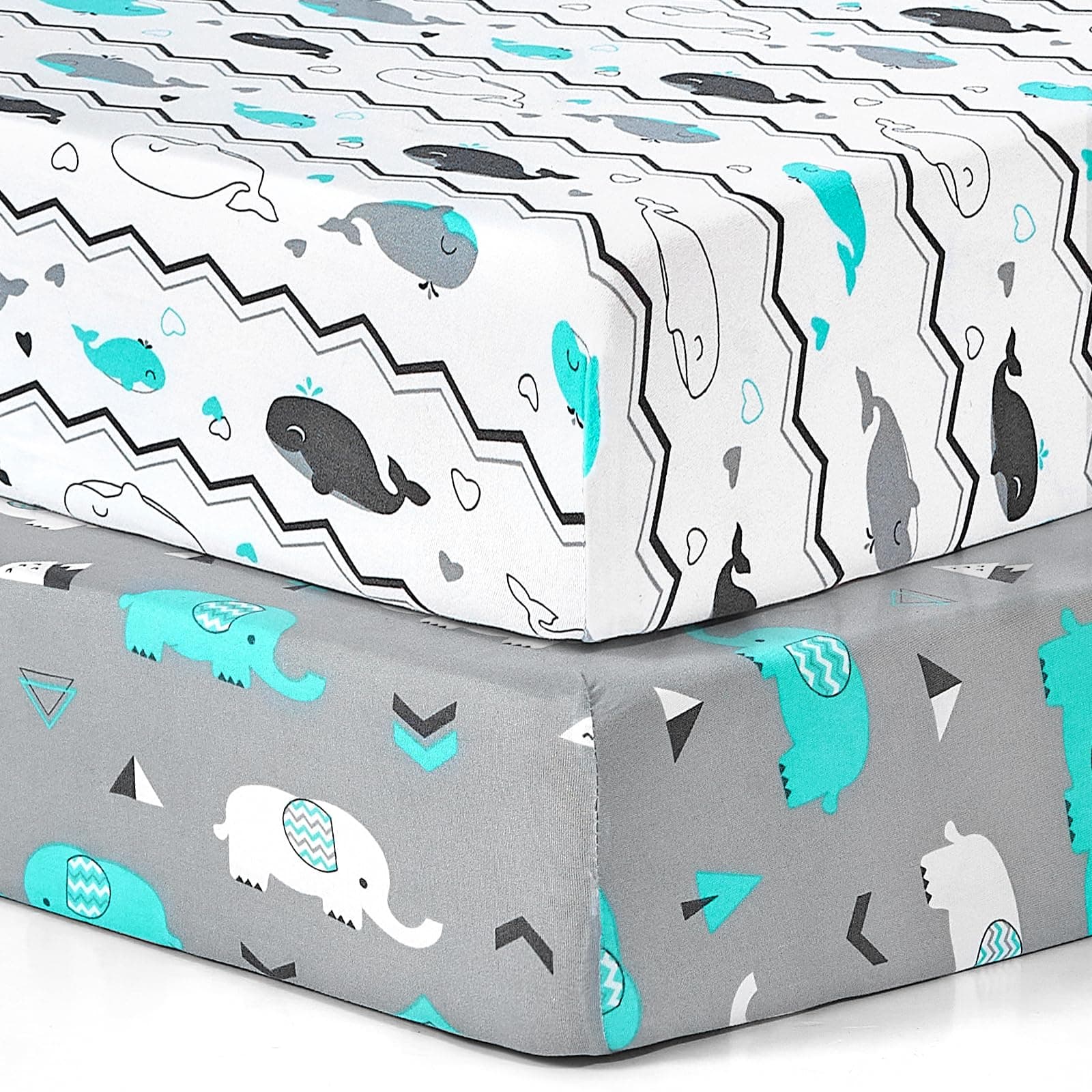 Pack n Play Sheets, BROLEX 2 Pack Mini Crib Sheets,Stretchy Portable Fitted Playard Sheet Set, Convertible Playard Mattress Cover,Ultra Soft Breathable Material,Elephant Whale Elephant Whale 38X26 Inch