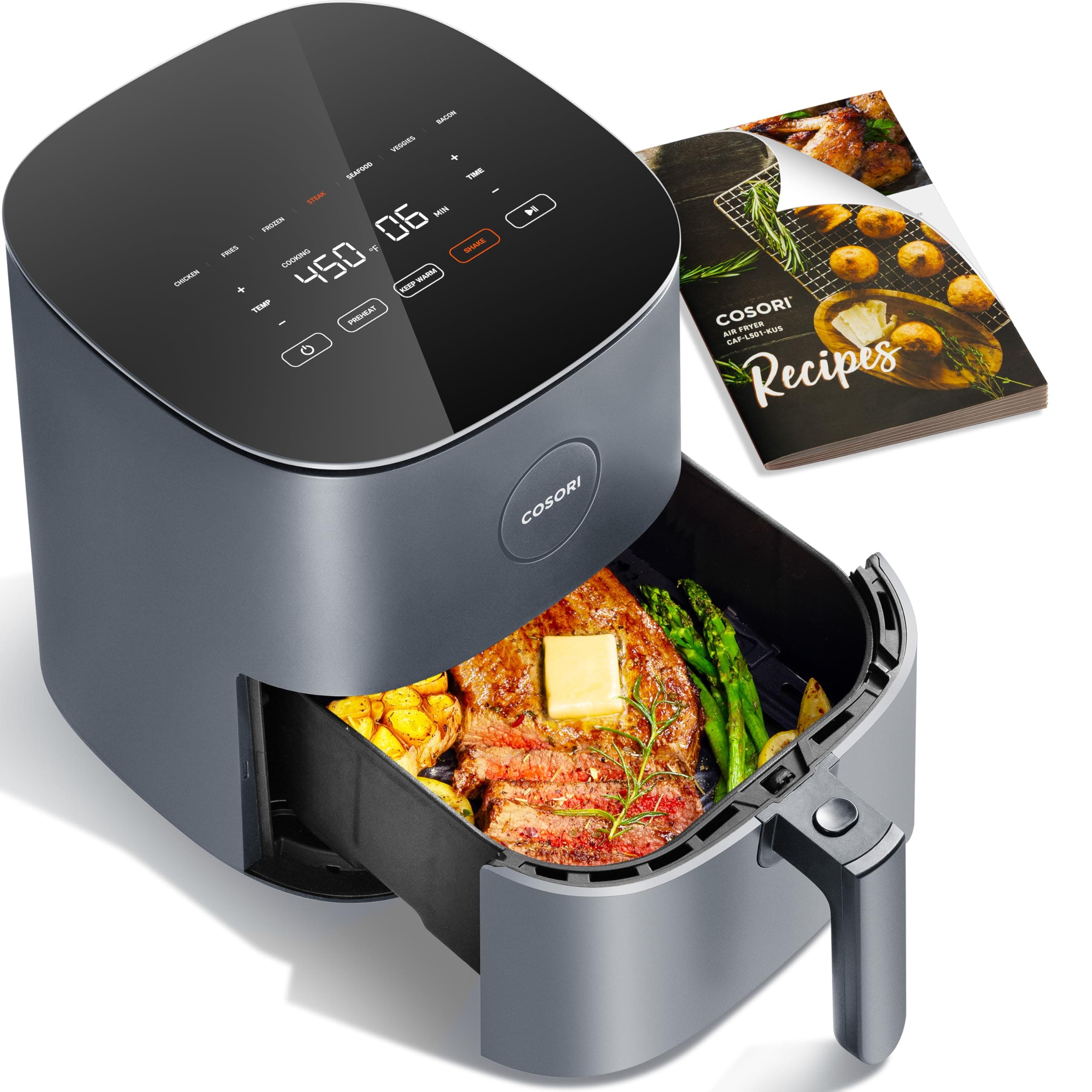 COSORI Air Fryer Pro 9-in-1, Compact 5QT, 450℉: Half Time & Chef-Grade Cook, One-Wipe Clean Glass Panel, 130+ In-App Recipes with Nutritional Info, Nonstick & Dishwasher-Safe Basket, Ceramic, Gray
