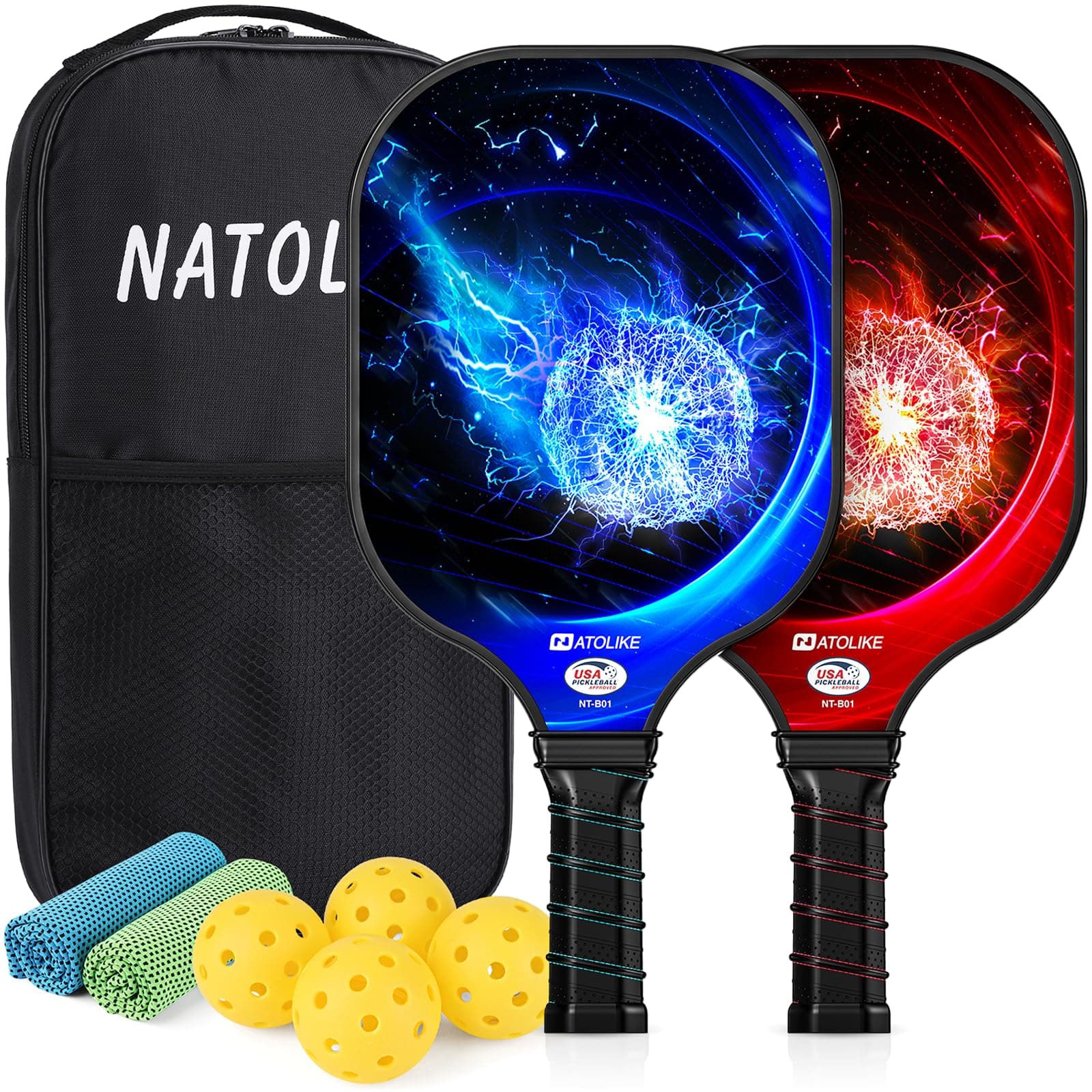 Lightweight Pickleball Paddles, USAPA Approved Set of 2, Fiberglass Surface with Polypropylene Core Pickleball Set, 2 Pickleball Rackets, 4 Balls, 2 Cooling Towels & Bag