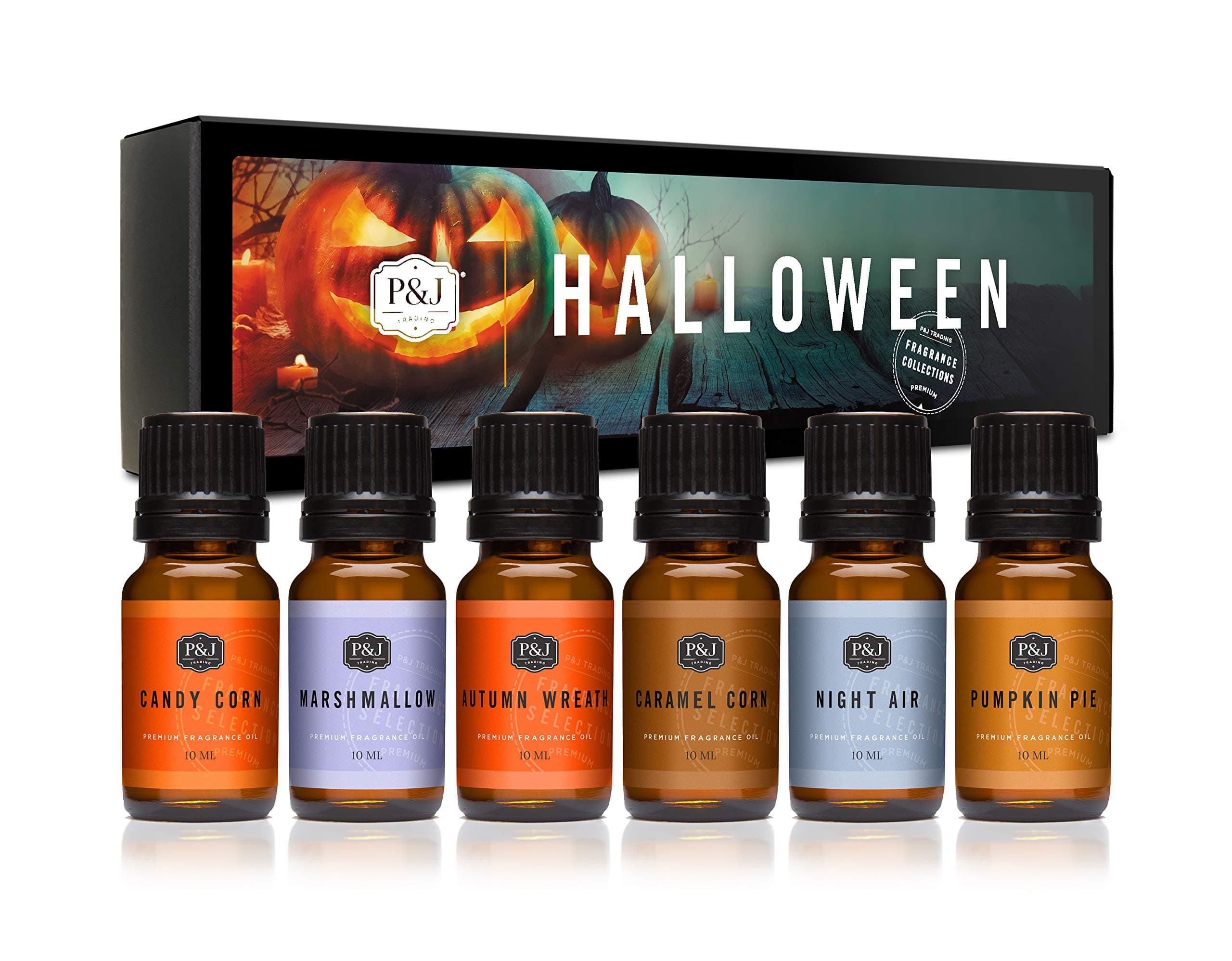 P&J Fragrance Oil Halloween Set | Autumn Wreath, Pumpkin Pie, Candy Corn, Marshmallow, Night Air, and Caramel Corn Candle Freshie Scent for Candle Making, Soap Making Supplies Halloween 0.34 Fl Oz (Pack of 6)