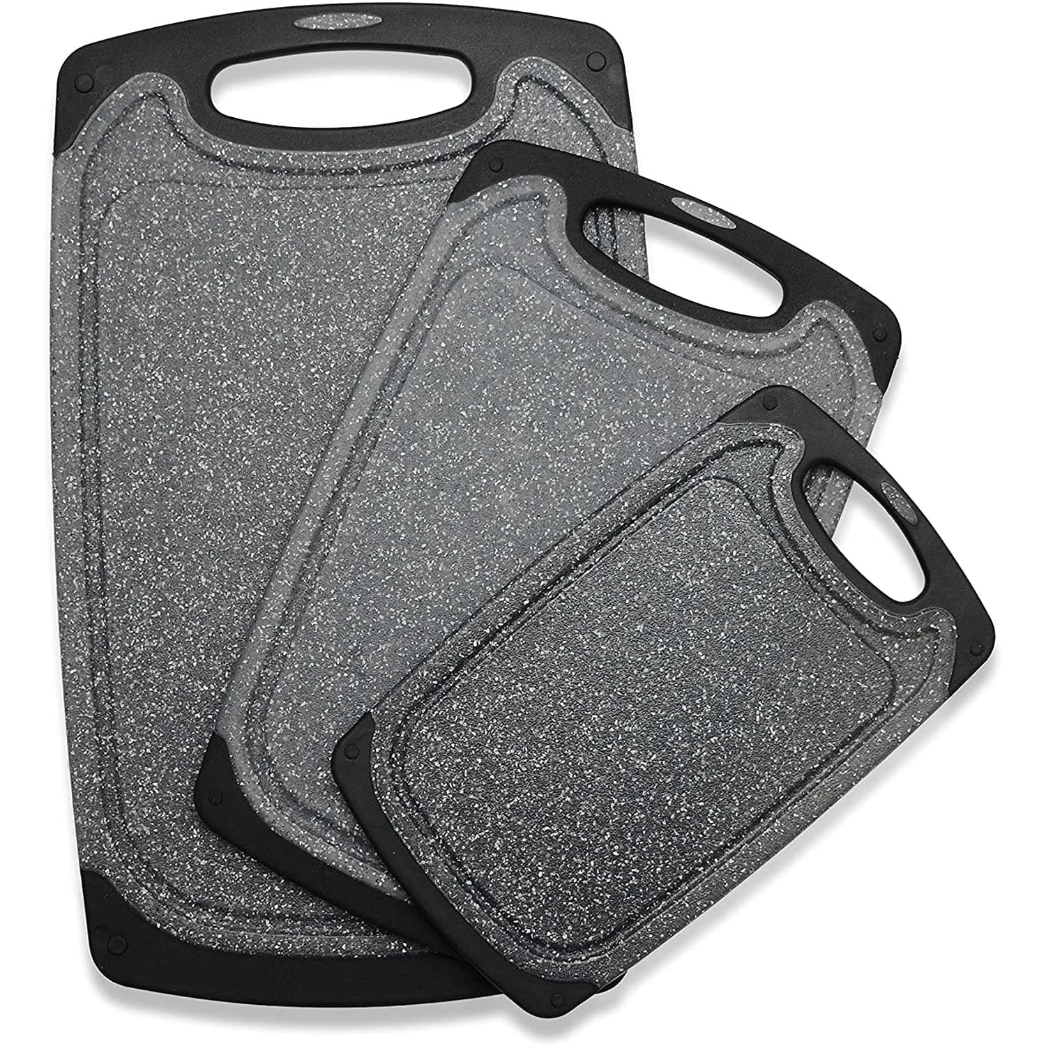 Cutting Boards for Kitchen, Large-Small Cutting Board Set of 3, Dishwasher Safe, Juice Groove, Easy Grip Handle, Non-Slip Rubber Cutting Board Dark Gray Large