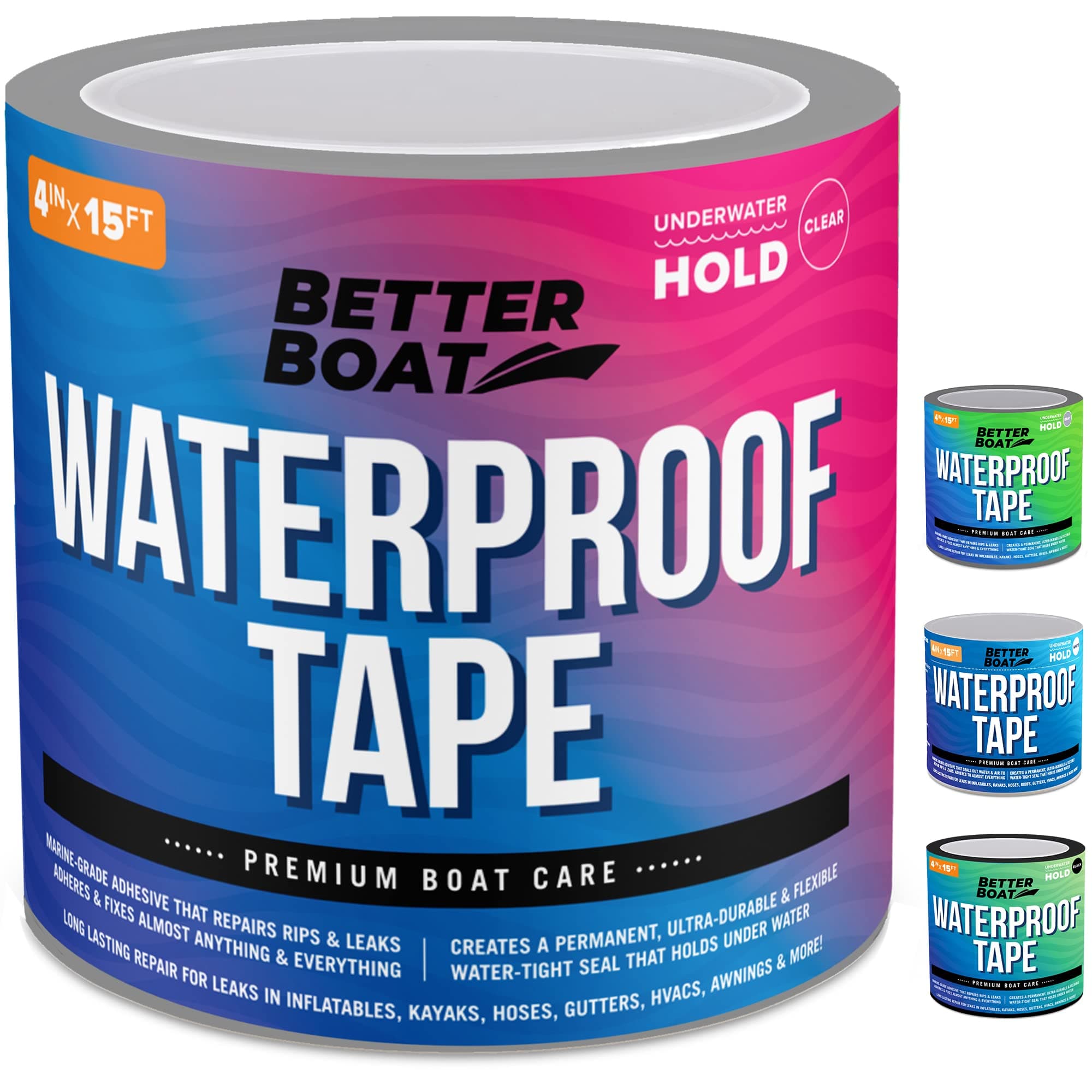 Better Boat Clear Waterproof Tape for Leaks, Heavy Duty Marine Grade Sealant, 15 ft x 4 in, for Pools, Gutters, Underwater Repair, Patching and Sealing