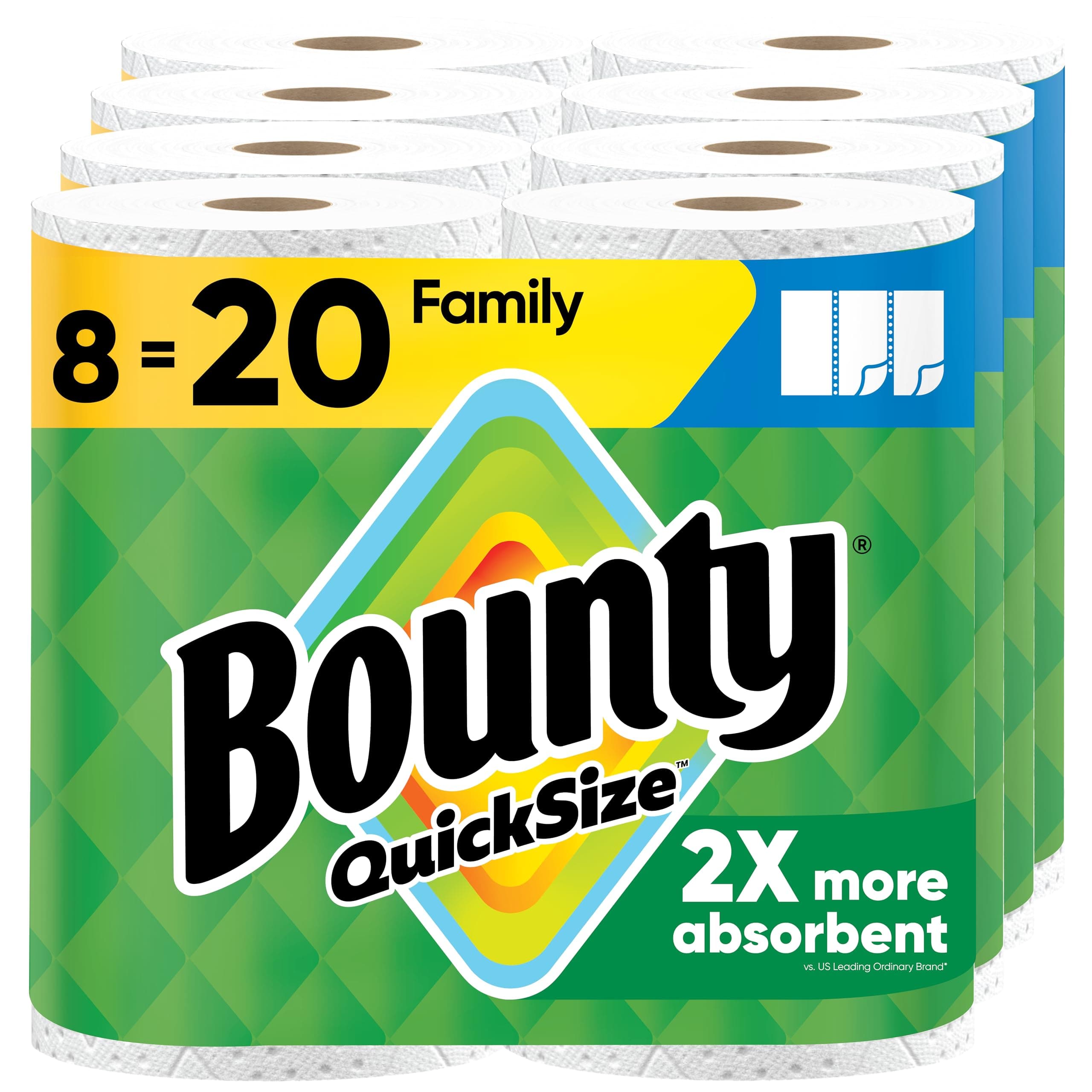 Bounty Quick Size Paper Towels, White, 8 Family Rolls = 20 Regular Rolls (Packaging May Vary) White 107 sheet (Pack of 8)