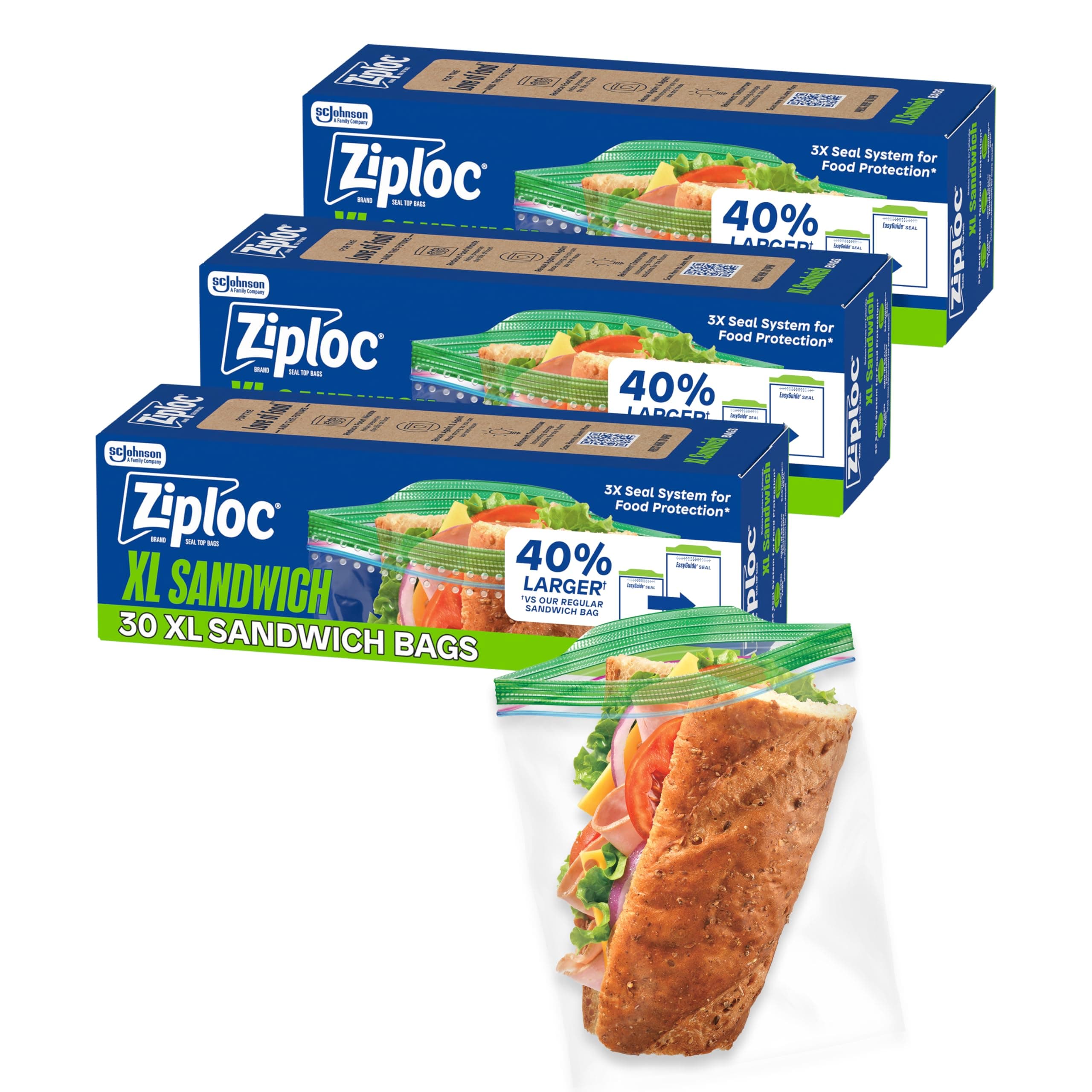 Ziploc XL Sandwich and Snack Bags with EasyGuide Texture, Plastic Storage Bags with Grip 'n Seal Technology, 90 Bags Total 90 Count