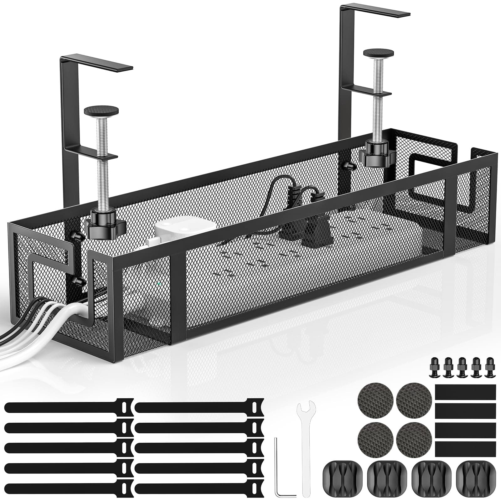 Under Desk Cable Management Tray - GZOKMOG No Drill Cord Organizer with Clamp, Reinforced Metal Mesh Workspace Organizers for Wire, Office Desk Accessories, 1 Pack Black, 15.75 inch Black-1 pack 15.75"