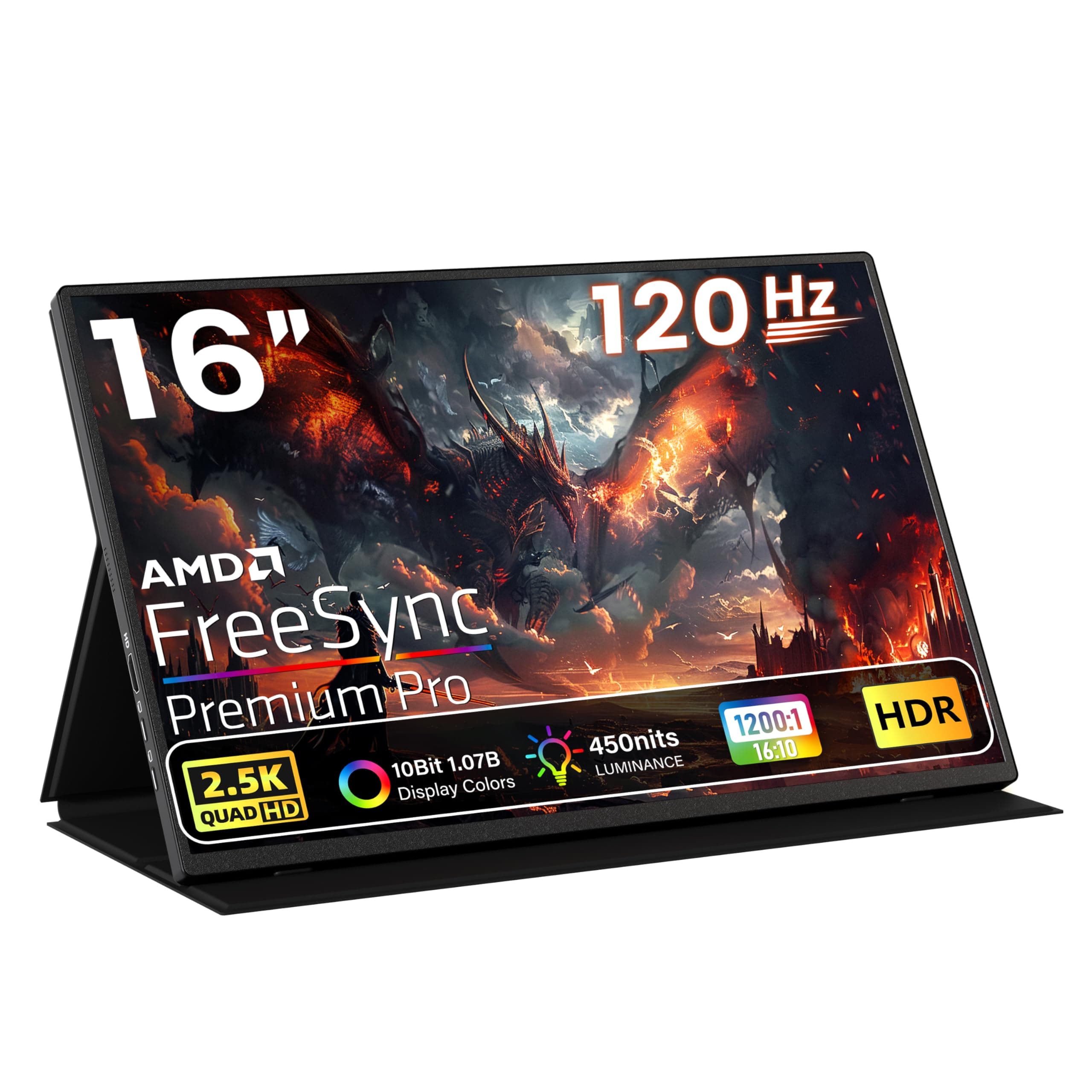 Portable Monitor 16" 2K QHD 2560X1600 450 Nits 106% sRGB 120Hz IPS HDR HDMI USB-C Travel Monitor for Laptop Mac PC Surface PS5 Xbox, External Display with Cover & Speakers, VESA Compatible 16 inch with Cover