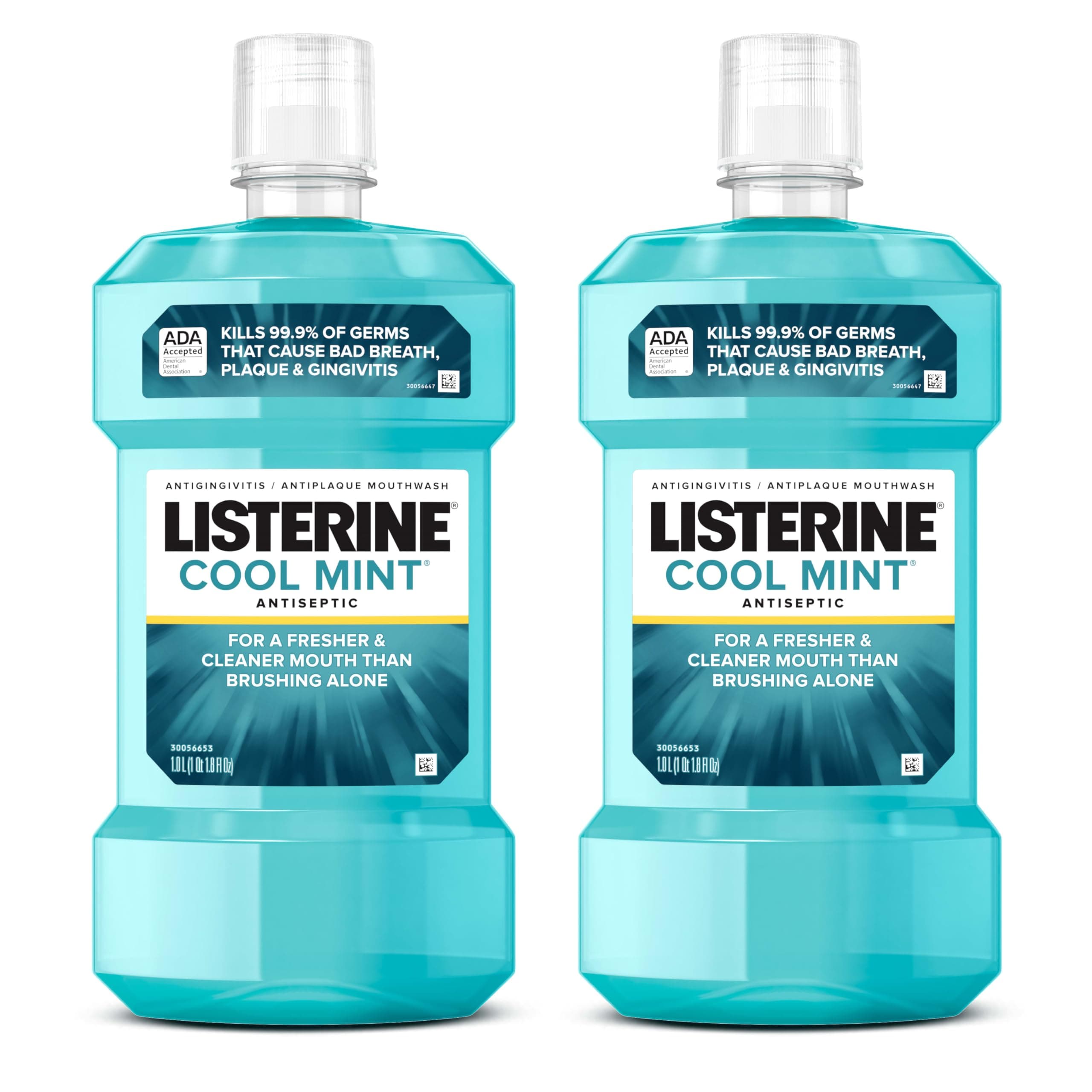 Listerine Cool Mint Antiseptic Mouthwash, Kills 99.9% of Germs That Cause Bad Breath, Plaque & Gingivitis, ADA Accepted, Clinically Proven, Cool Mint Flavor, for Adults, 1L Bottles, 2 Pack Cool Mint 33.81 Fl Oz (Pack of 2)