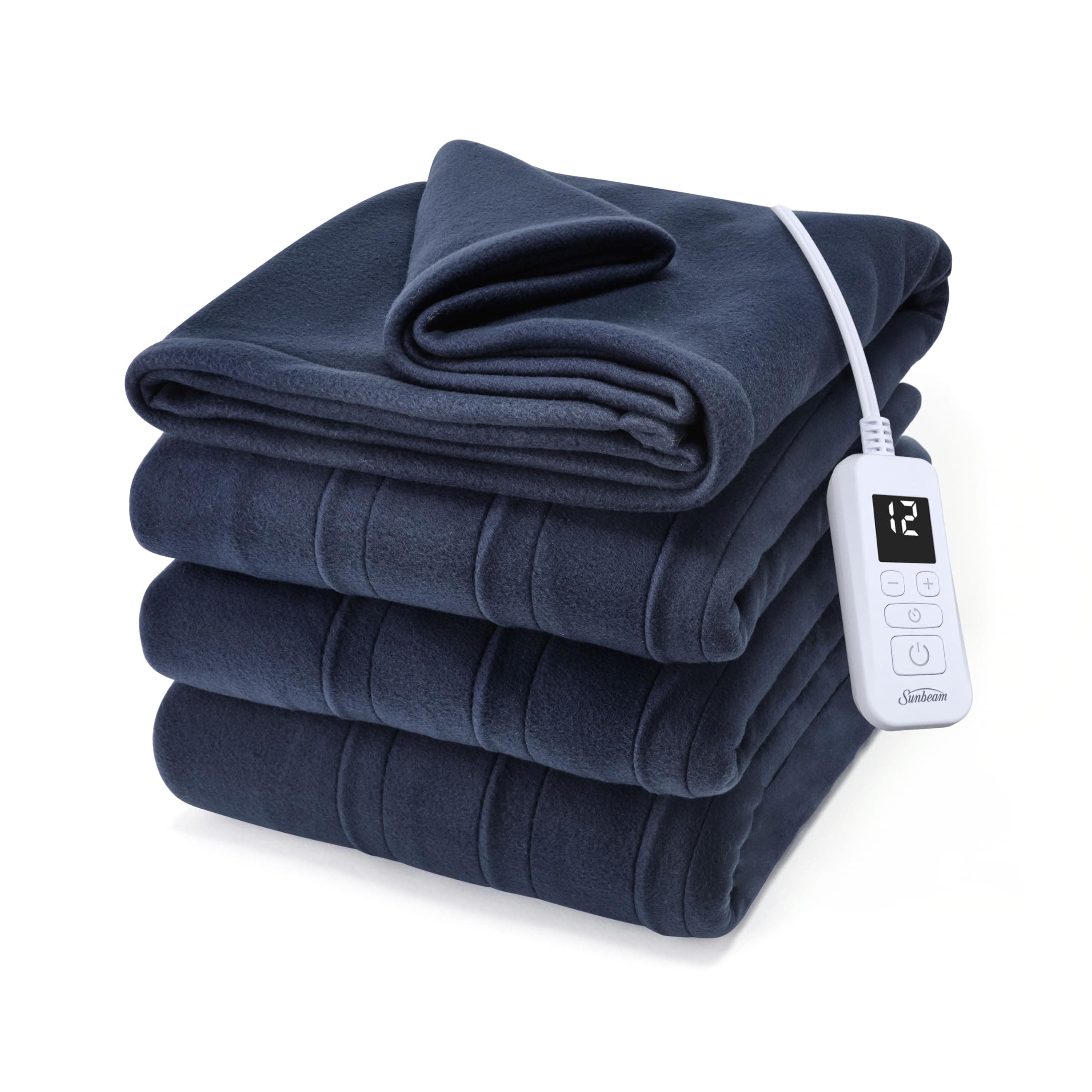 Sunbeam Royal Ultra Fleece Heated Electric Blanket Twin Size, 84" x 62", 12 Heat Settings, 12-Hour Selectable Auto Shut-Off, Fast Heating, Machine Washable, Warm and Cozy, Admiral Blue Admiral Blue Twin