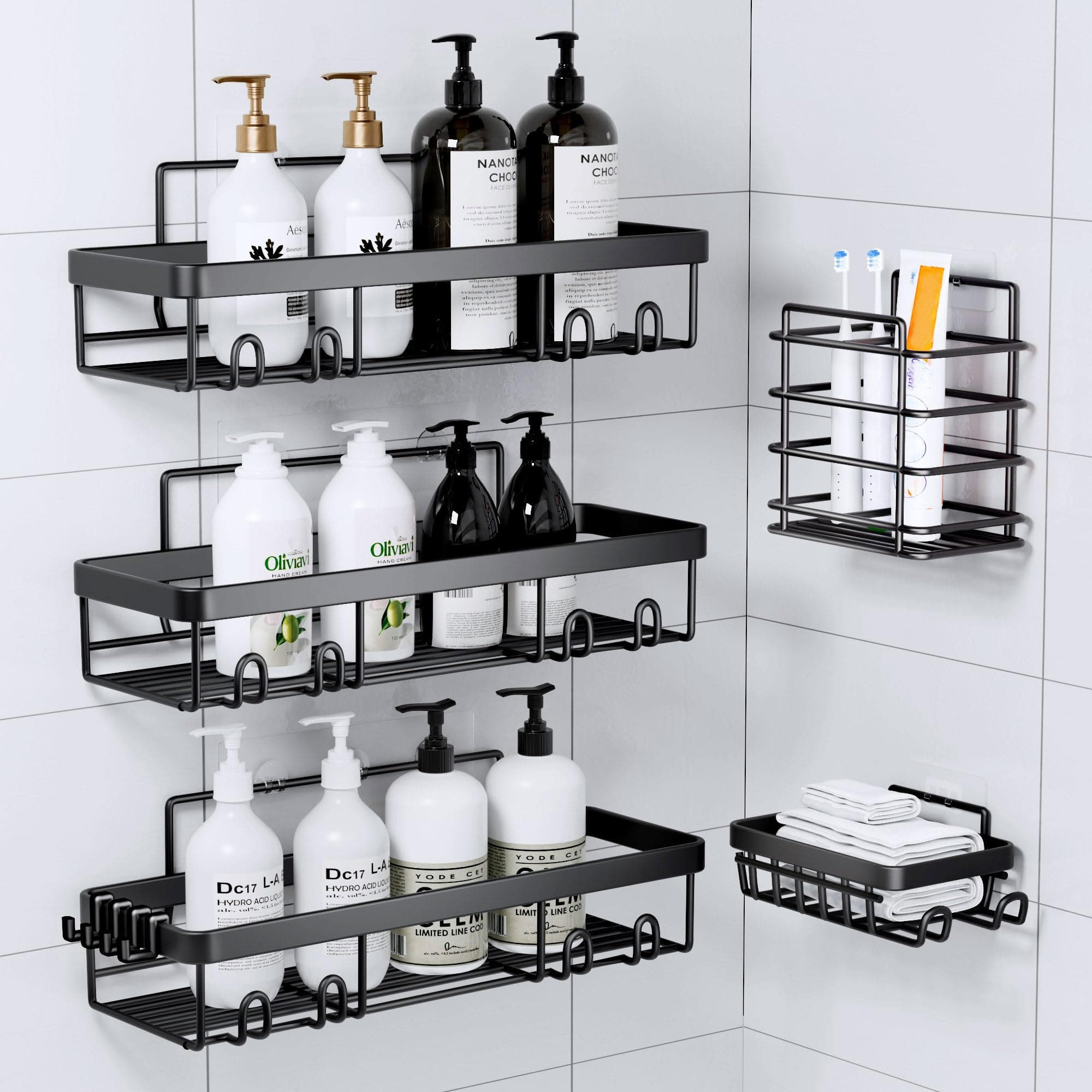 Shower Caddy, Bathroom Organizers, Black Shower Shelves for Inside with Soap Caddy & Toothbrush Holder, Stainless Steel Wall Rack Baskets Adhesives Mounted(5 PCS)