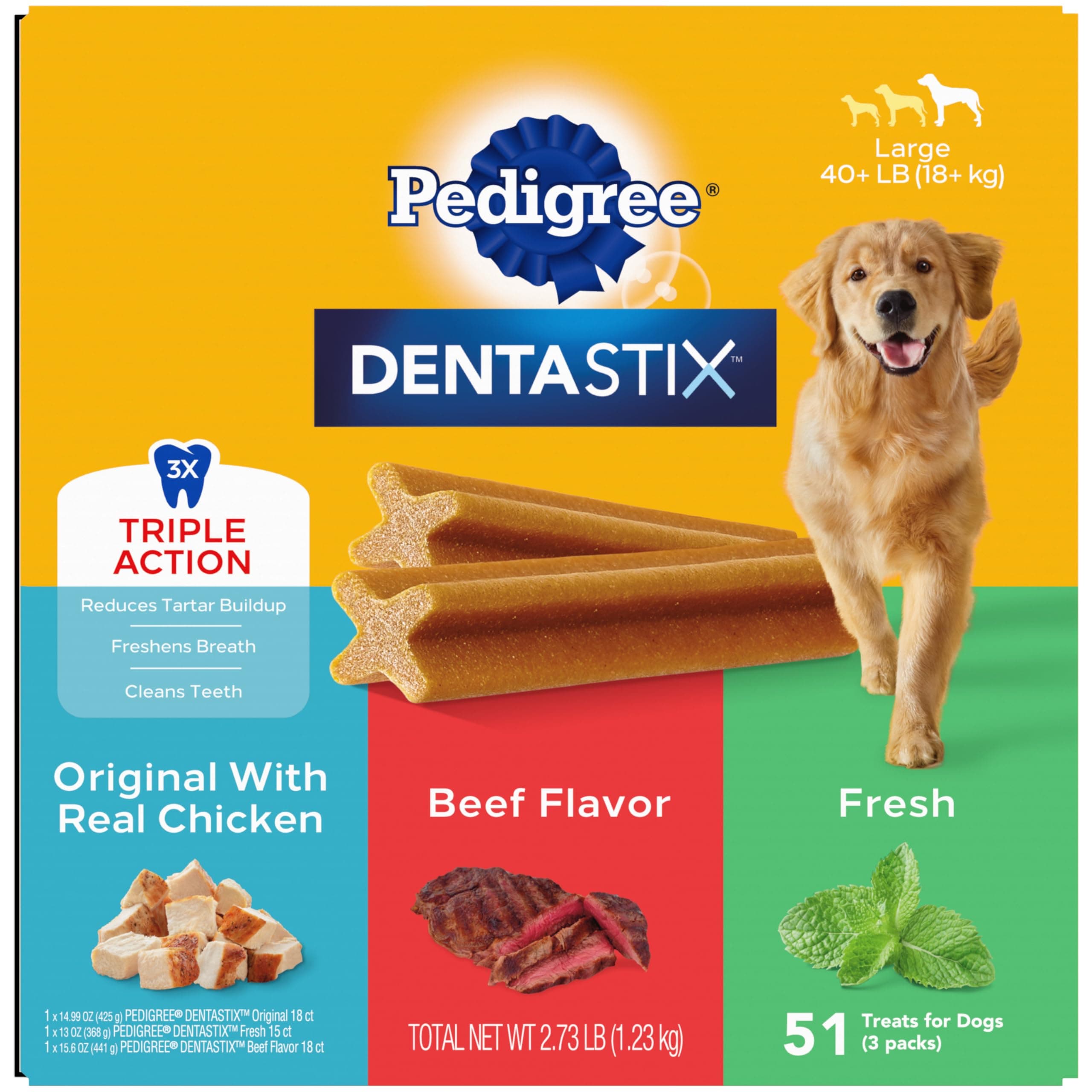 Pedigree Dentastix Large Breed Dog Treats, Original, Beef & Fresh Flavor, 2.73 lb. Variety Pack (51 Treats) Variety Pack 51 Count (Pack of 1)