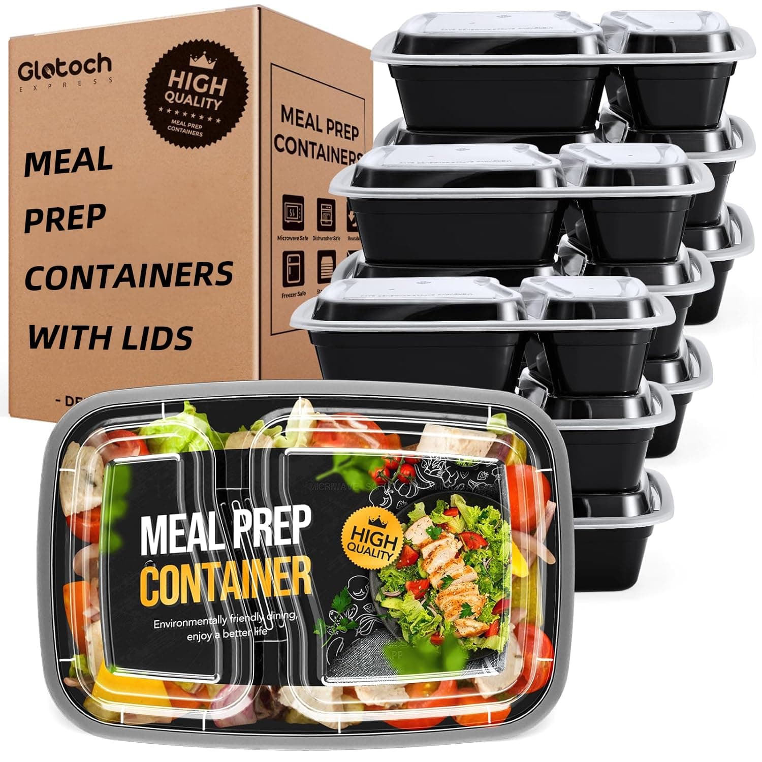 Glotoch 50 Pack 32 oz Meal Prep Containers Reusable, 2 Compartment Food Containers with Lids To Go Containers, Lunch-Microwave, Freezer, Dishwasher Safe