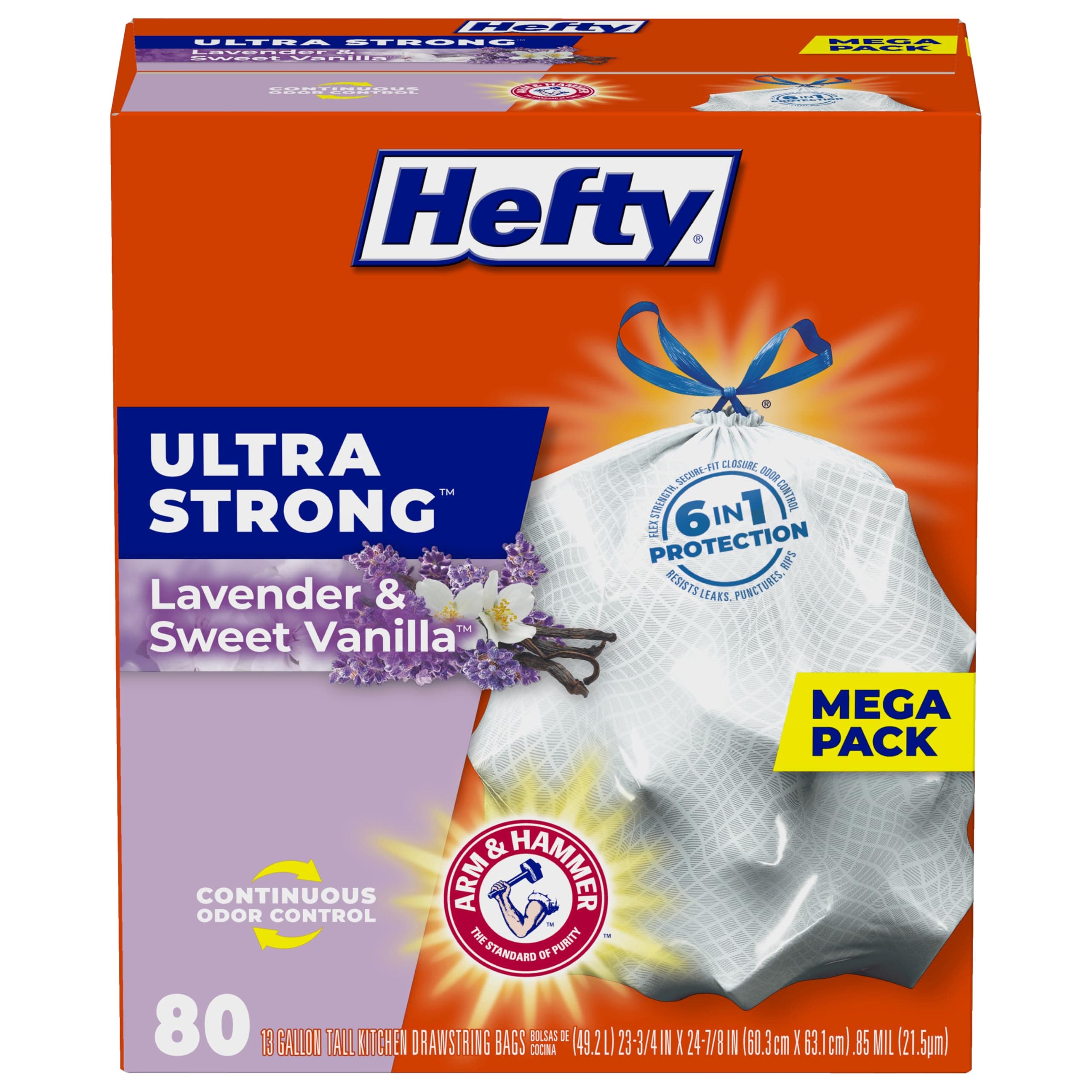 Hefty Ultra Strong Tall Kitchen Trash Bags, Lavender & Sweet Vanilla Scent, 13 Gallon, 80 Count 80 Count (Pack of 1) Lavender & Sweet Vanilla