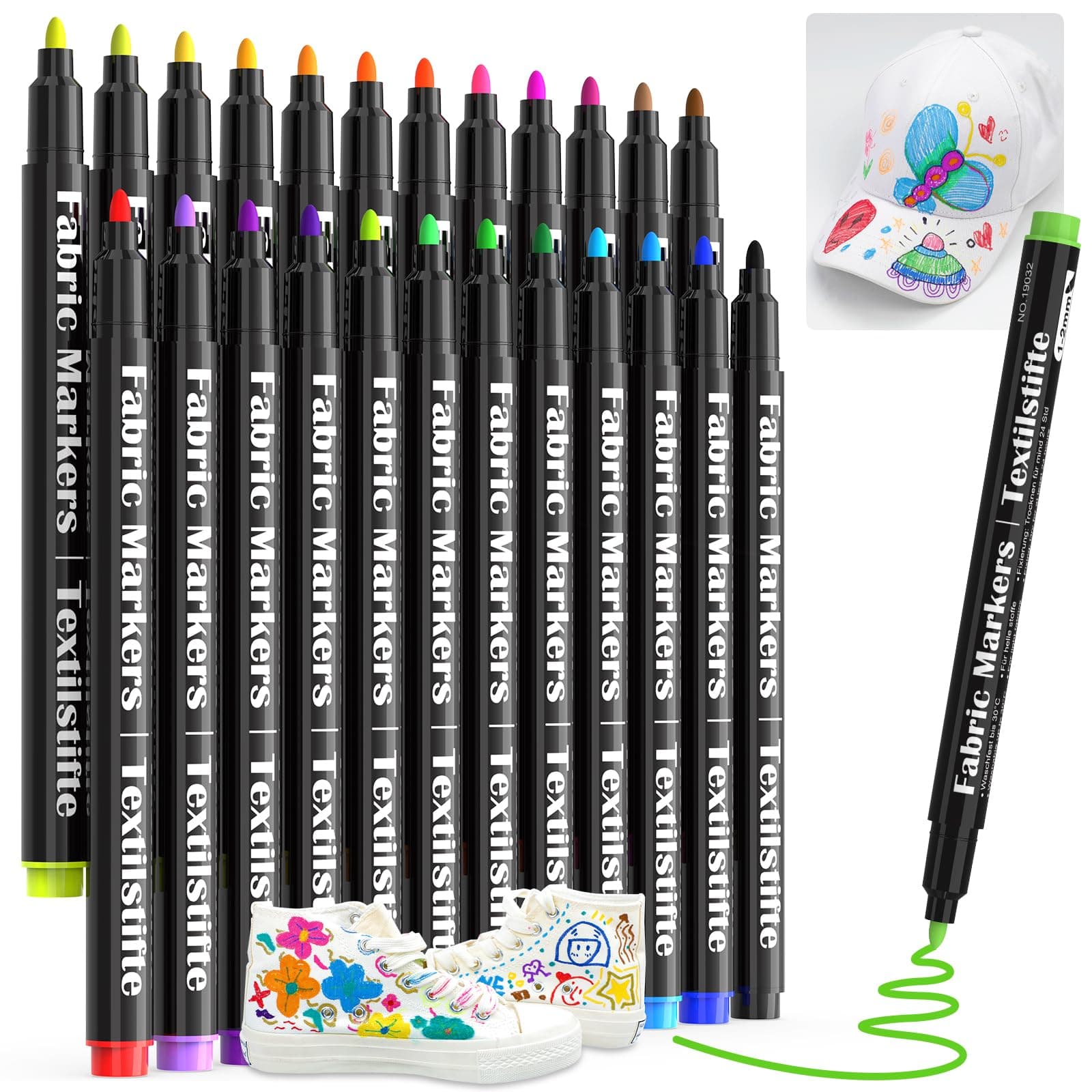 JR.WHITE Fabric Markers Permanent for T Shirts Clothes Onesies Bibs White Pillow Canvas Tote Bags Clothing - No Bleed - Fine Tip - Child Safe & Non Toxic Fabric Paint Pens Set of 24 Colors