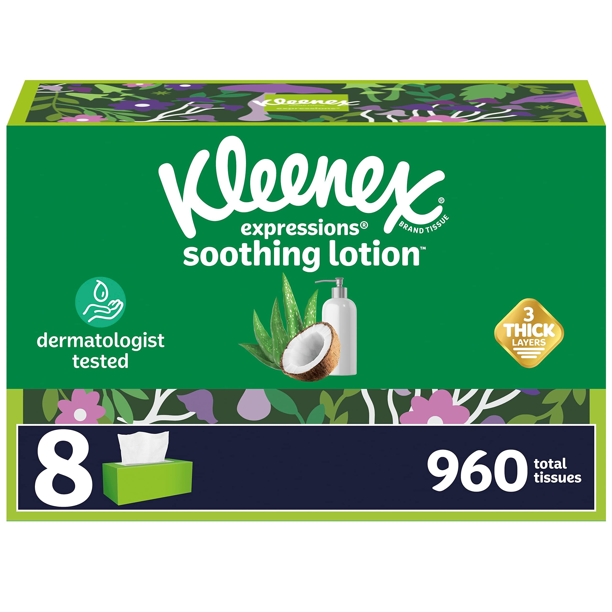 Kleenex Lotion Facial Tissues with Coconut Oil, 4 Flat Boxes, 180 Tissues Per Box, 3-Ply White 120 Count (Pack of 8)