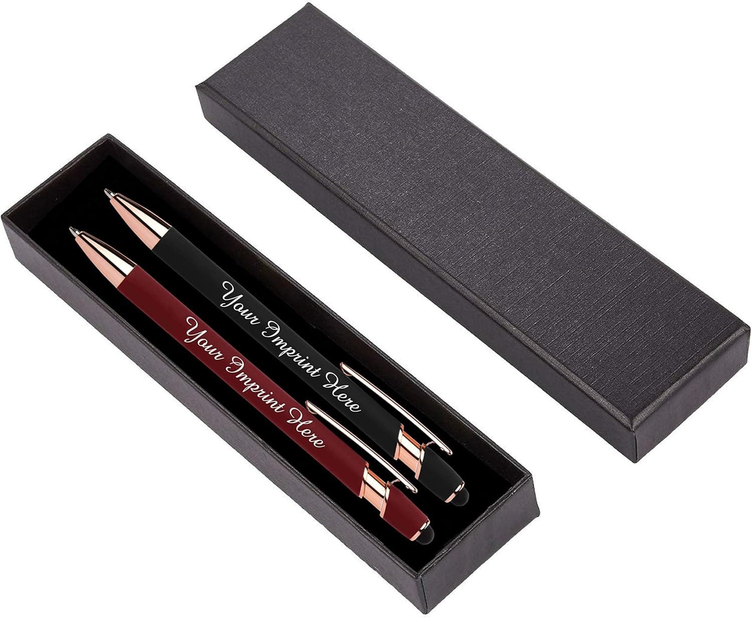 ExpressDesigns™ - Personalized Pens Gift Set - 2 Pack of Rose Gold Soft Touch Metal Pens w/gift box - Luxury Ballpoint Pen Custom Engraved with Name | Perfect for Him or Her (Red - Black)