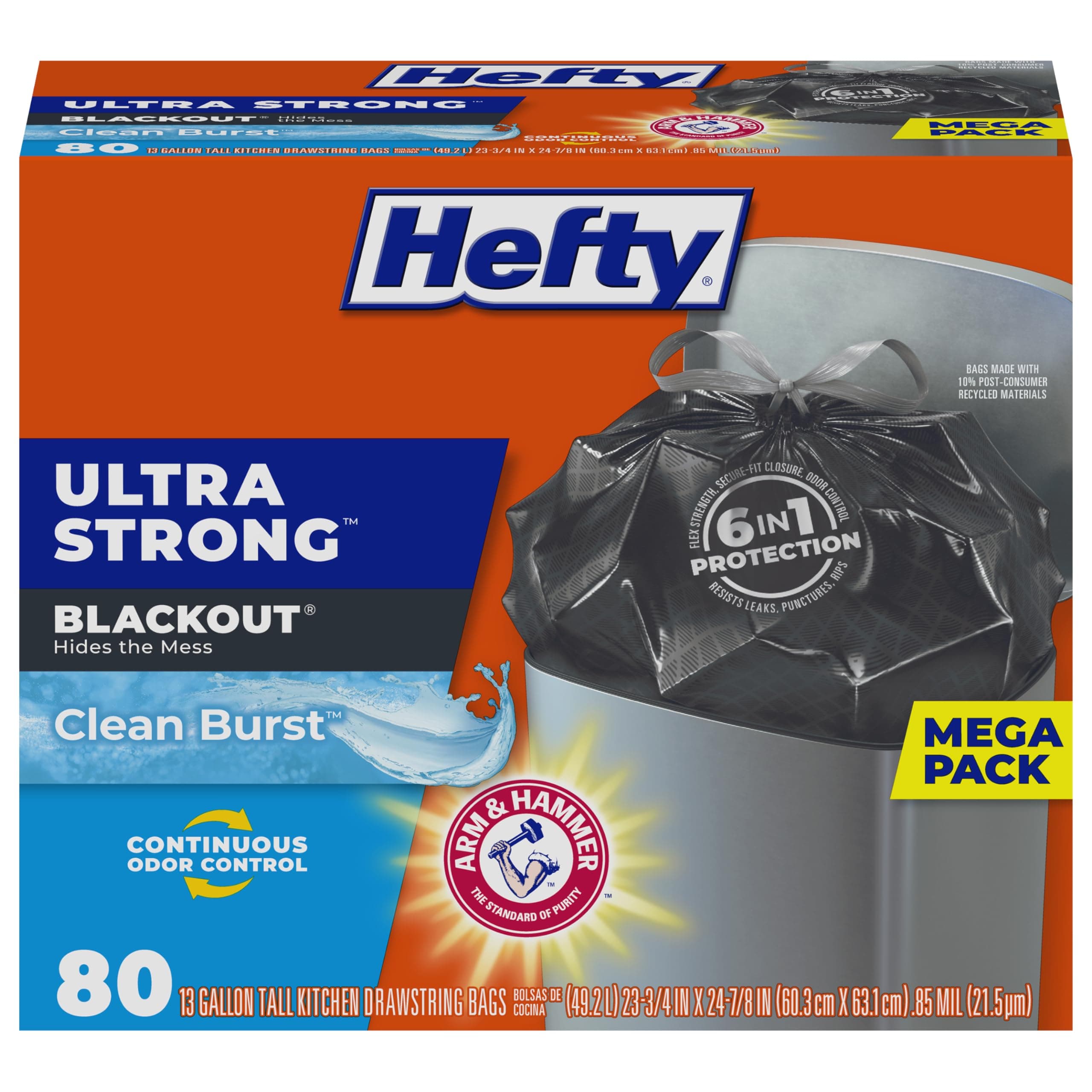Hefty Ultra Strong 13 Gallon Trash Bags, Black Tall Kitchen Trash Bags 13 Gallon Size, Break Resistant Drawstring Enclosure, Continuous Odor Control, Blackout, Clean Burst Scent, 80 Bags 80 Count (Pack of 1) Black