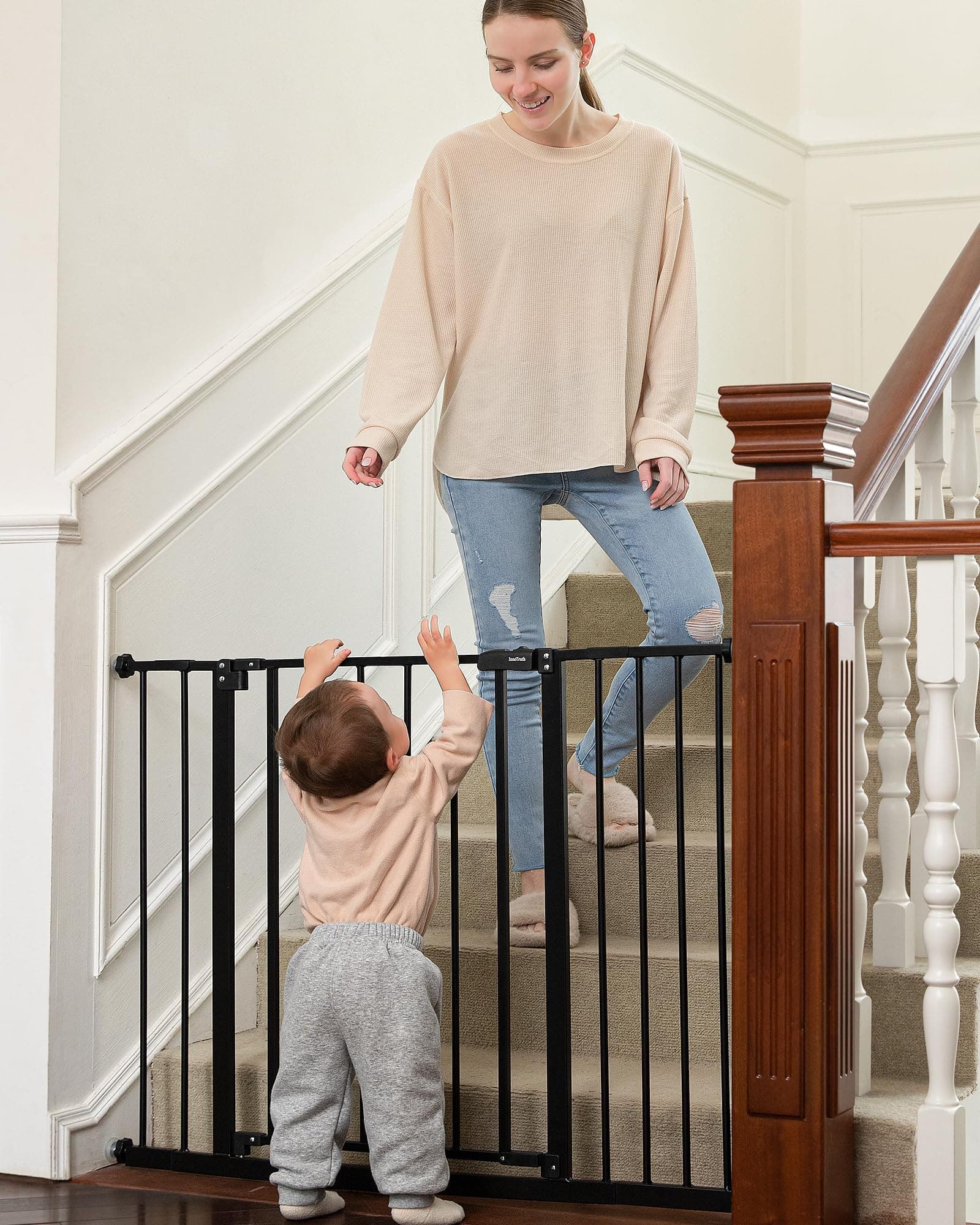InnoTruth 28.9-42.1" Wide Baby Gate for Stairs, 30" Tall Dog Gates for Doorways Expandable One-Hand Open, Easy Walk Through Dual Lock Metal Pet Gates for Dogs, Black-Family & Mom's Choice Award Winner Black 28.9-42.1" W x 30" H