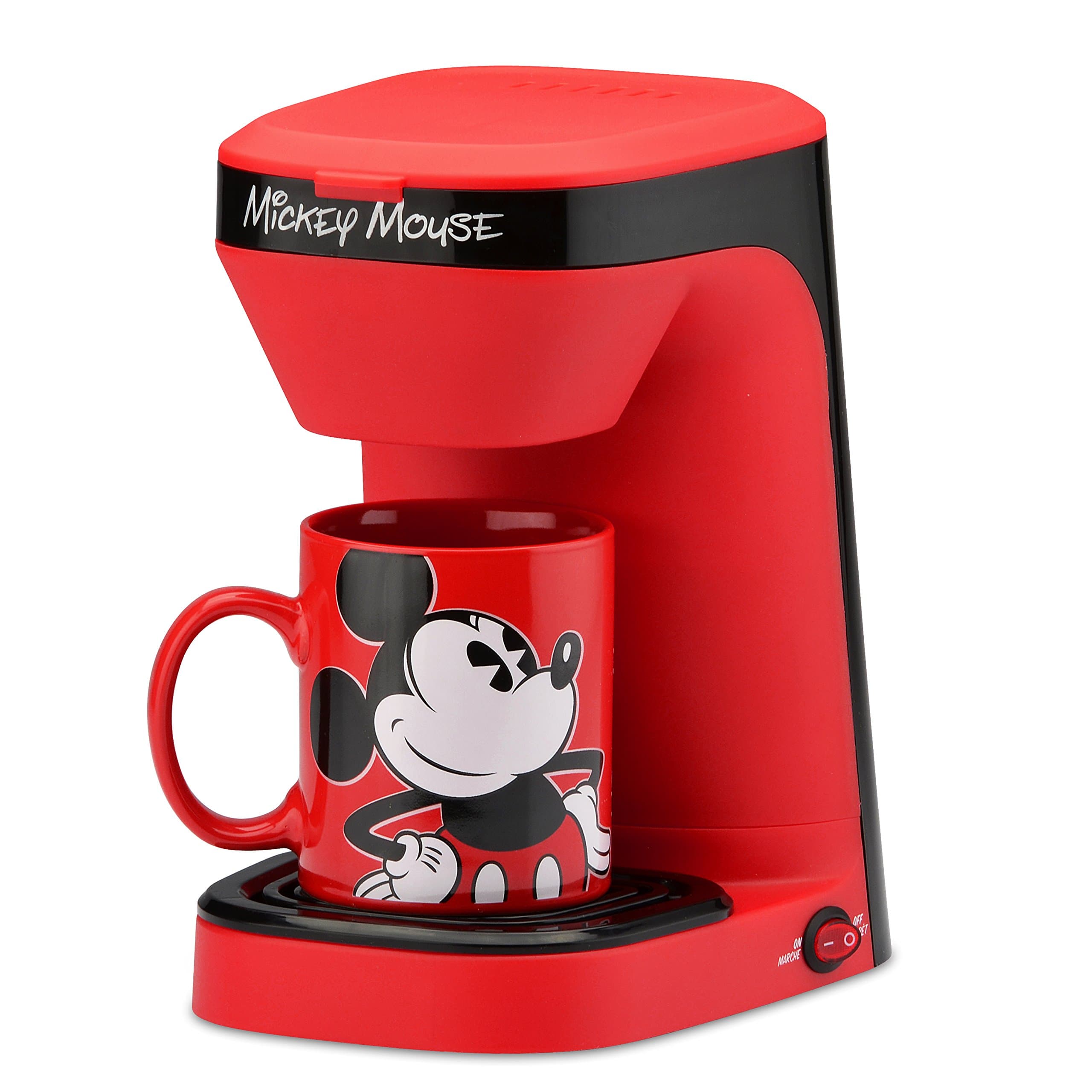 Disney Mickey Mouse 1-Cup Coffee Maker with 12 oz Mug by Select Brands - Kitchen Appliance for Drip Coffee - Home Appliance with Mickey Mouse Mug & Removable Drip Tray - Removable Filter Basket