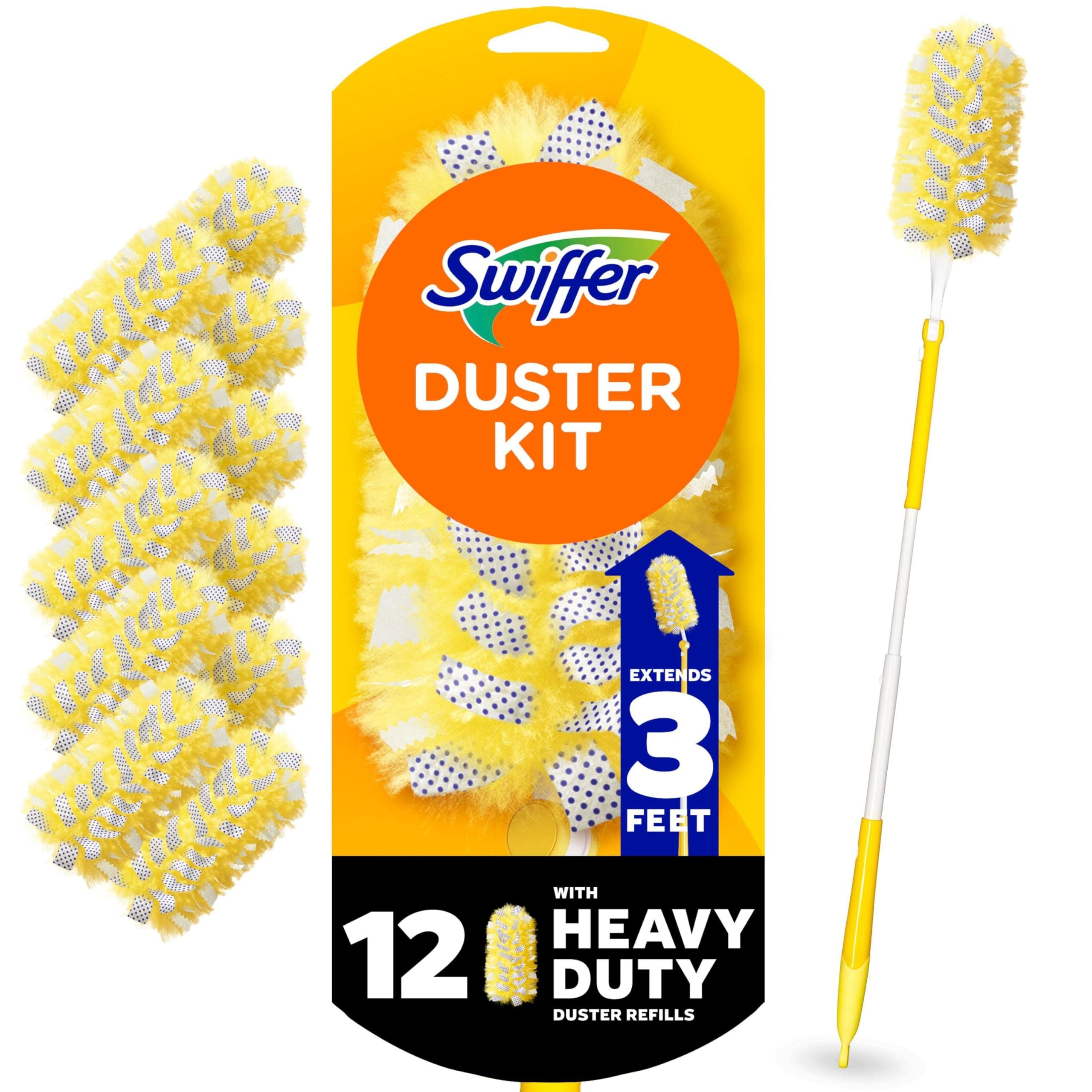 Swiffer Duster Heavy Duty Dusting Kit, Cleaning Supplies, 3 ft Extended Handle, 1 Duster, 12 Refills 13 Piece Set