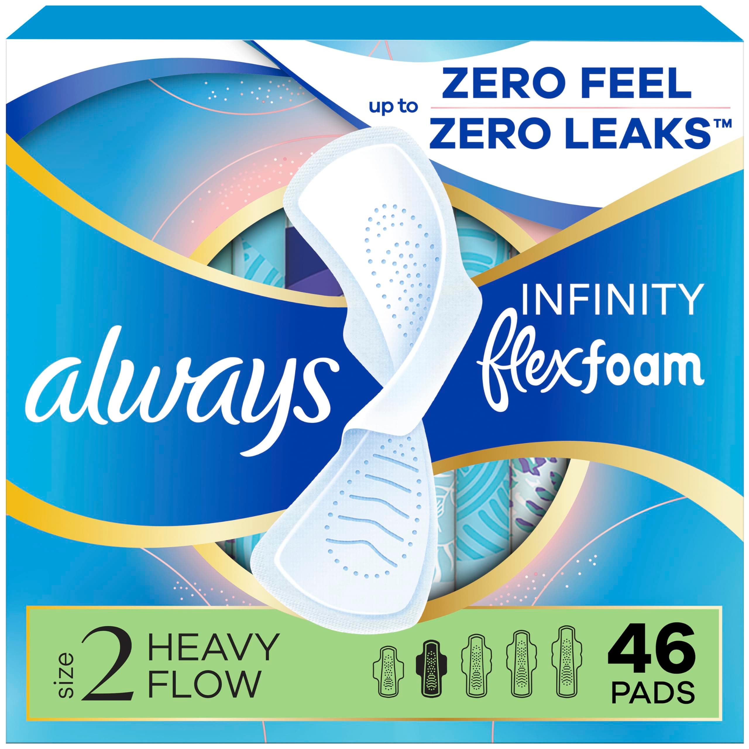 Always Infinity Feminine Pads for Women, Flexfoam Pads with Wings, Size 2, Heavy Absorbency, Unscented, 46 Count Size 2 46.0
