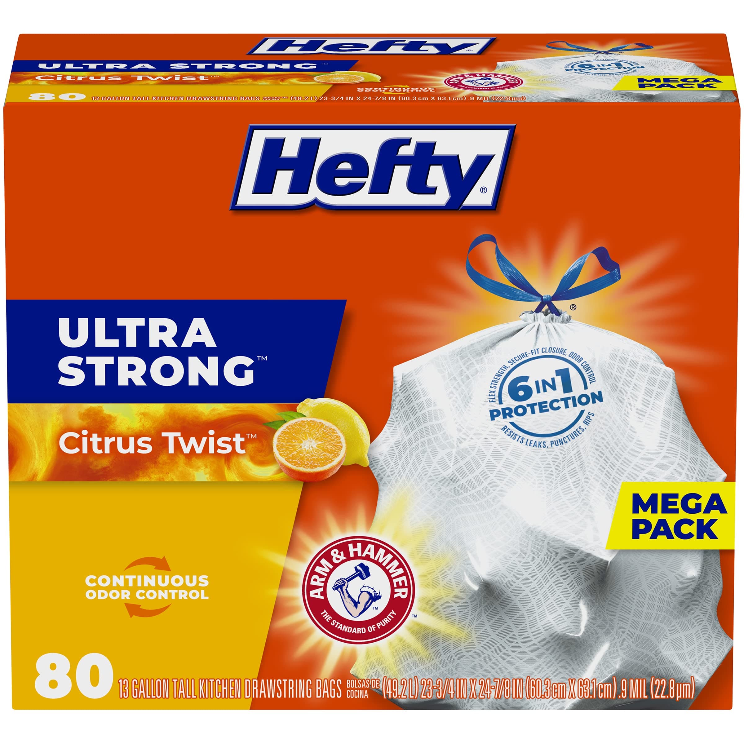 Hefty Ultra Strong Tall Kitchen Trash Bags, Citrus Twist Scent, 13 Gallon, 80 Count 80 Count (Pack of 1) Citrus Twist