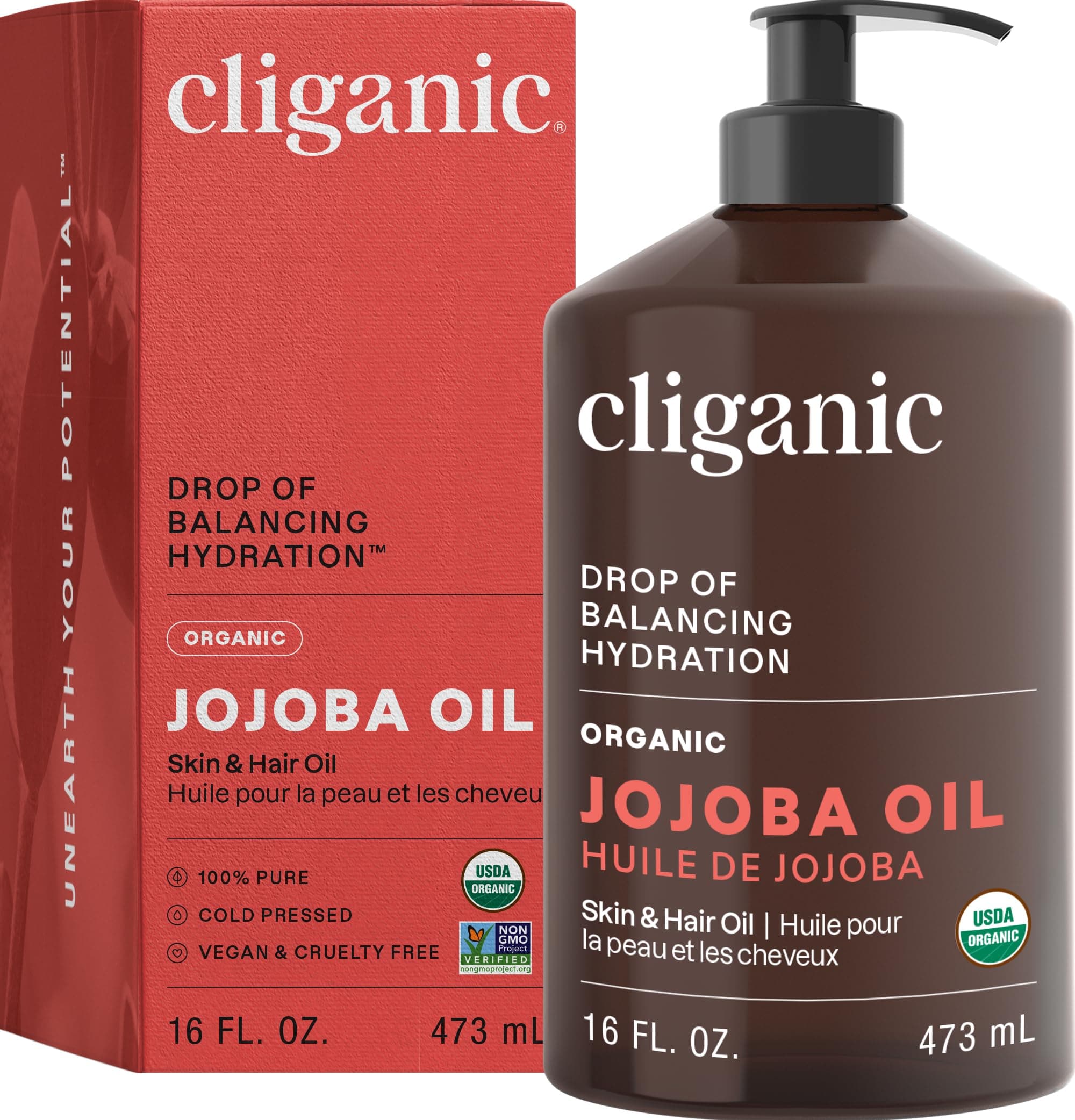 Cliganic Organic Jojoba Oil 16oz with Pump, 100% Pure | Bulk, Moisturizing Oil for Face, Hair, Skin & Nails | Natural Cold Pressed (Packaging May Vary) 16 Fl Oz (Pack of 1)