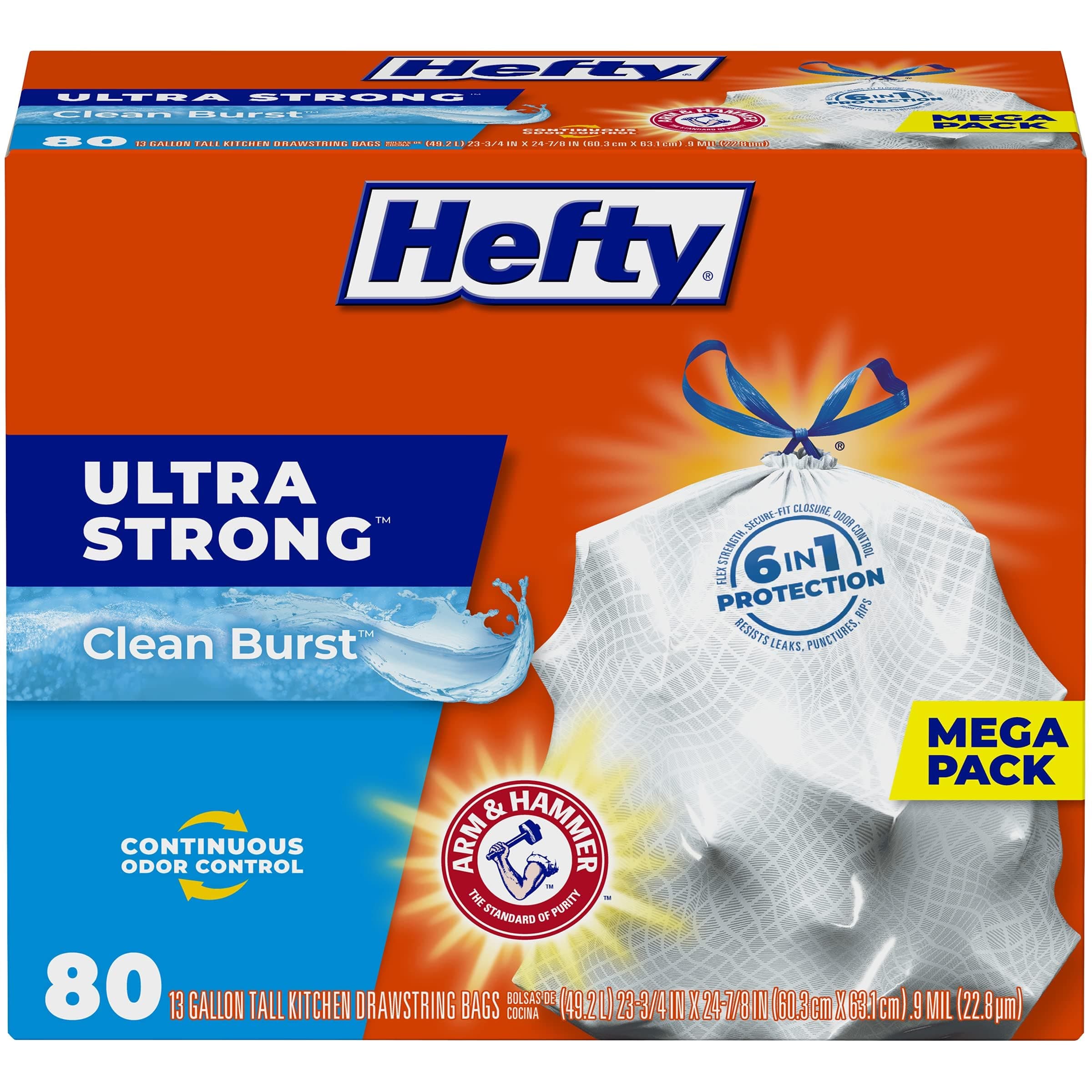 Hefty Ultra Strong 13 Gallon Trash Bags, Tall Kitchen Trash Bags 13 Gallon Size, Drawstring Closure, Continuous Odor Control, White, Clean Burst Scent, 80 Bags 80 Count (Pack of 1)