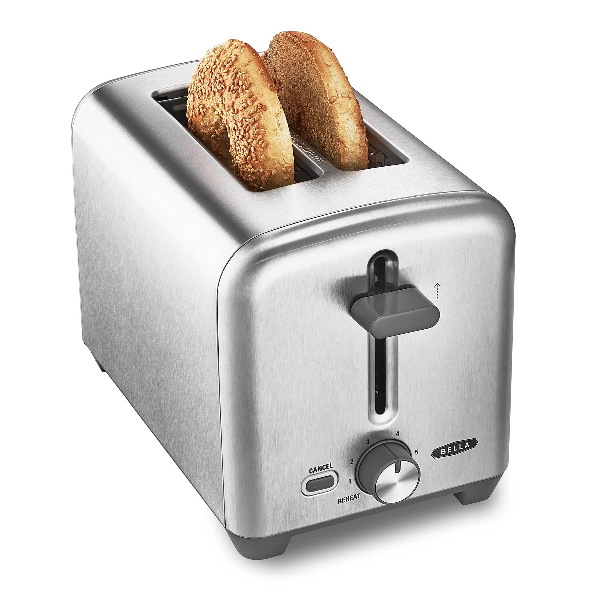 bella Stainless Steel 2 Slice Toaster with Extra Wide Slots & Removable Crumb Tray - 6 Browning Options, Auto Shut Off & Reheat Function - Toast Bread, Bagel & Waffle 2 Slice Stainless Steel