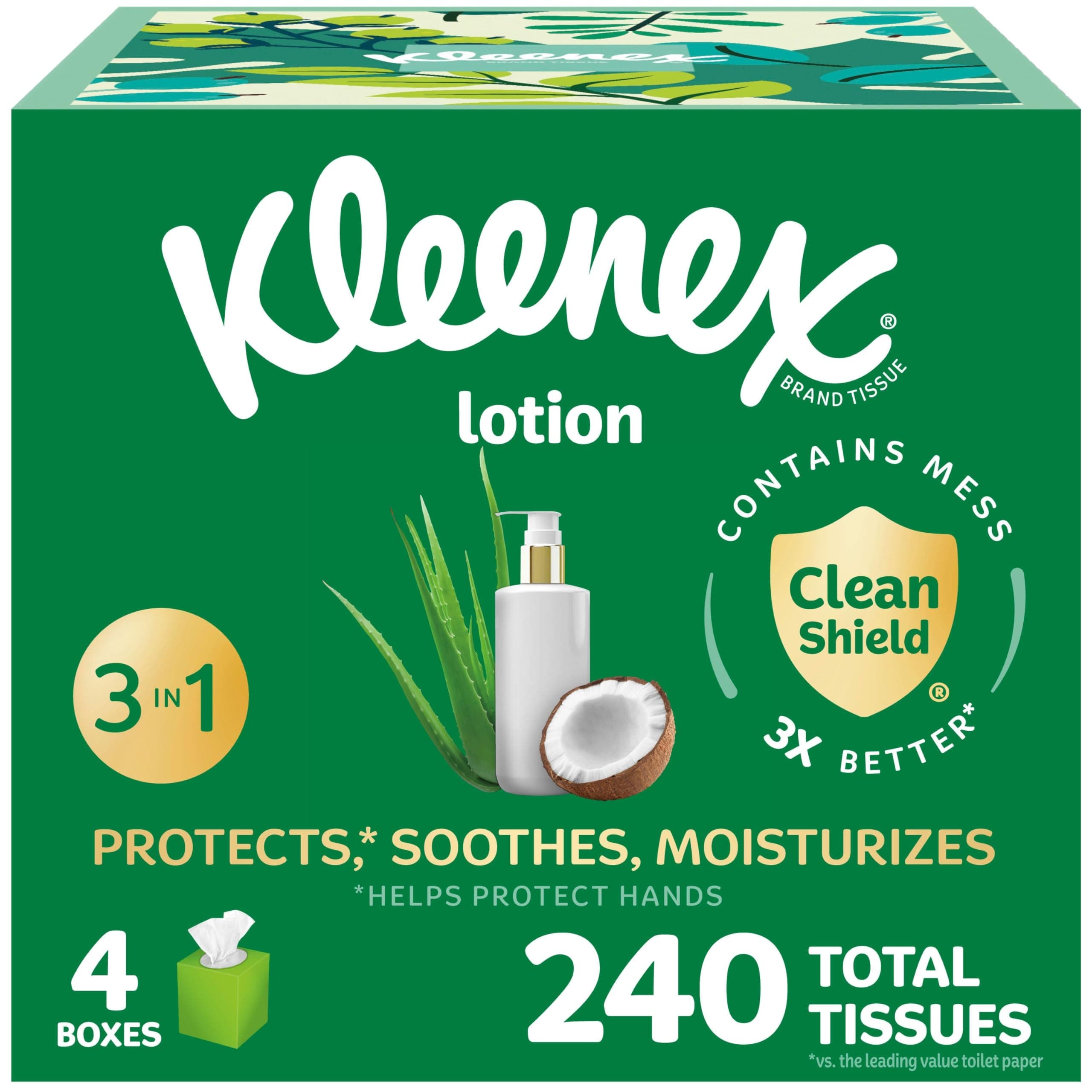 Kleenex Lotion Facial Tissues with Coconut Oil, 4 Cube Boxes, 60 Tissues Per Box, 3-Ply White 60 Tissues (Pack of 4)