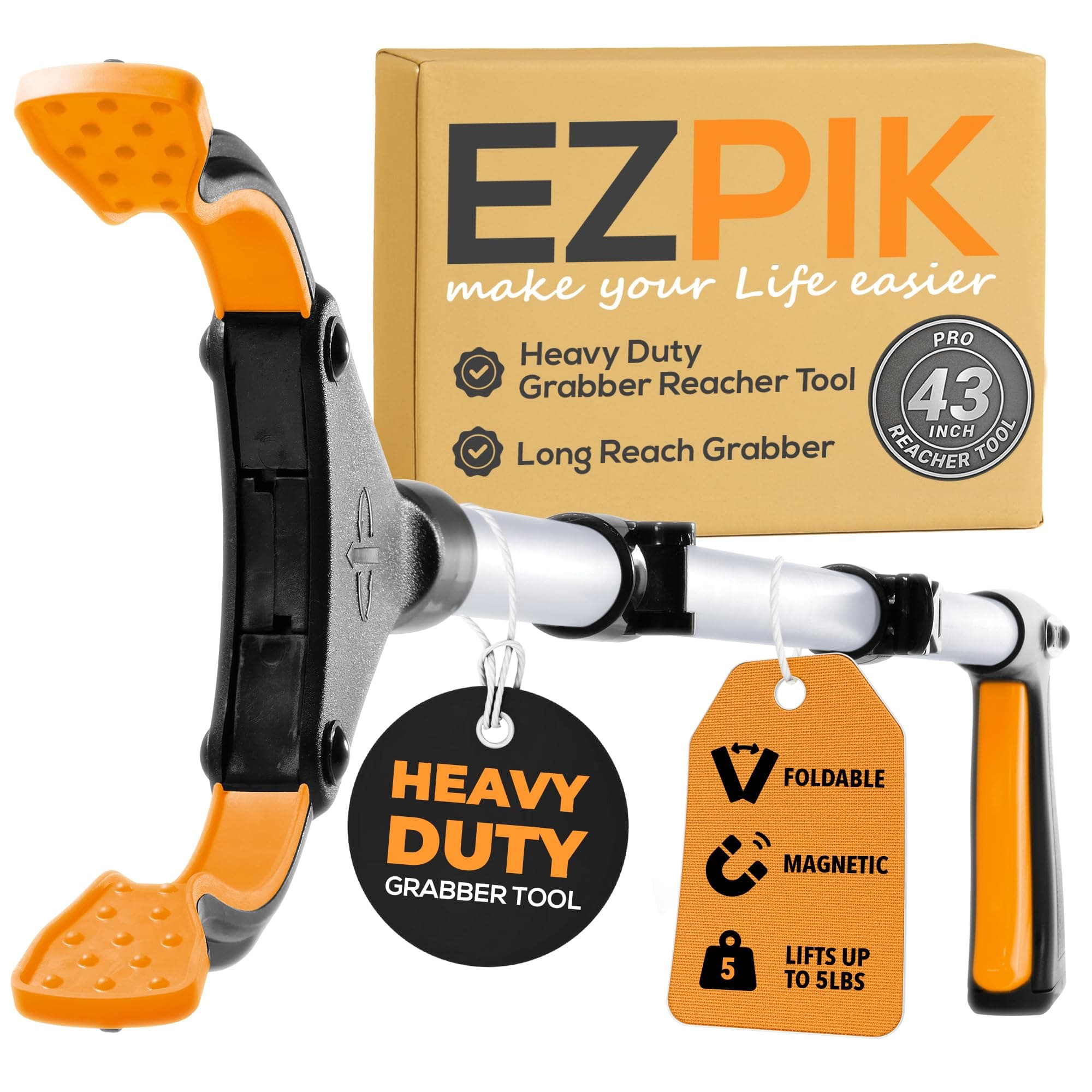 EZPIK Pro 43" Foldable Grabber Reacher Tool for Seniors - Grabbers for Elderly Reaching Tool Heavy Duty Pickup Trash Picker Upper Equipment - Claw Grabber Stick for Reaching Aids, Weed Gripper 43" (Pack of 1)