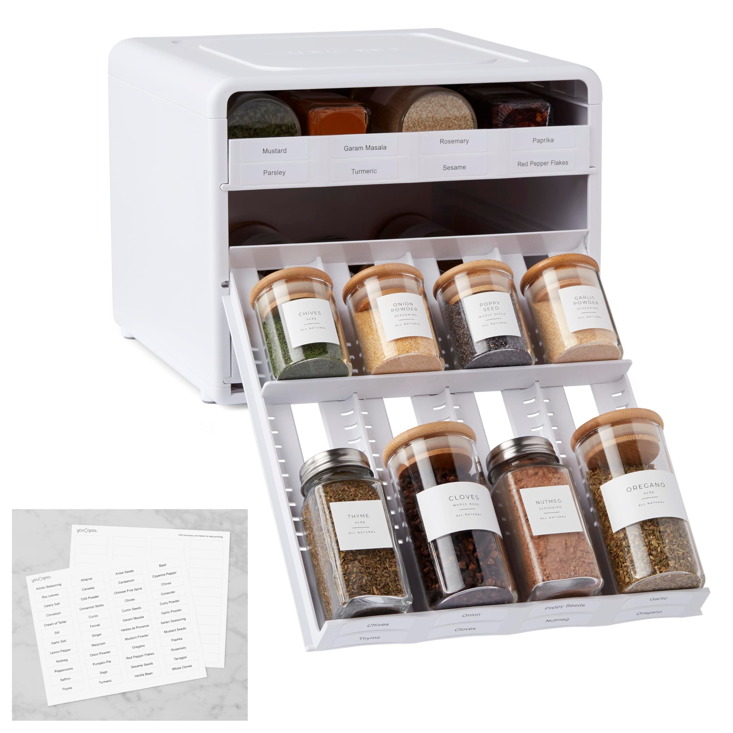YouCopia SpiceStack Adjustable Spice Rack Organizer, Pull-Down 24-Bottle Seasonings and Spices Holder for Kitchen Cabinet and Pantry Organization with 104 Included Labels