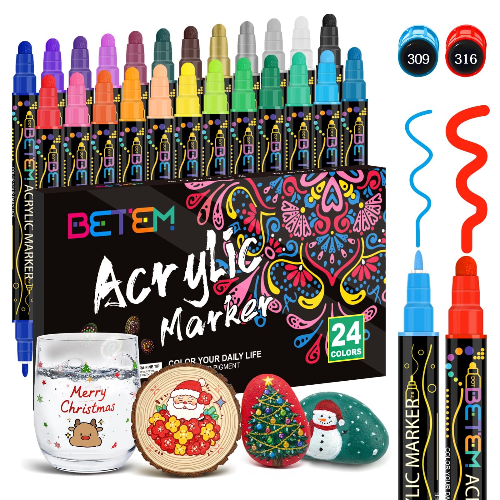 Betem 24 Colors Dual Tip Acrylic Paint Pens Markers, Premium Acrylic Paint Markers Stocking Stuffers for Rock, Wood, Fabric, Glass, Canvas, Ceramic, Christmas Gifts for Teens DIY Crafts Art Supplies 24 Colors Paint Markers