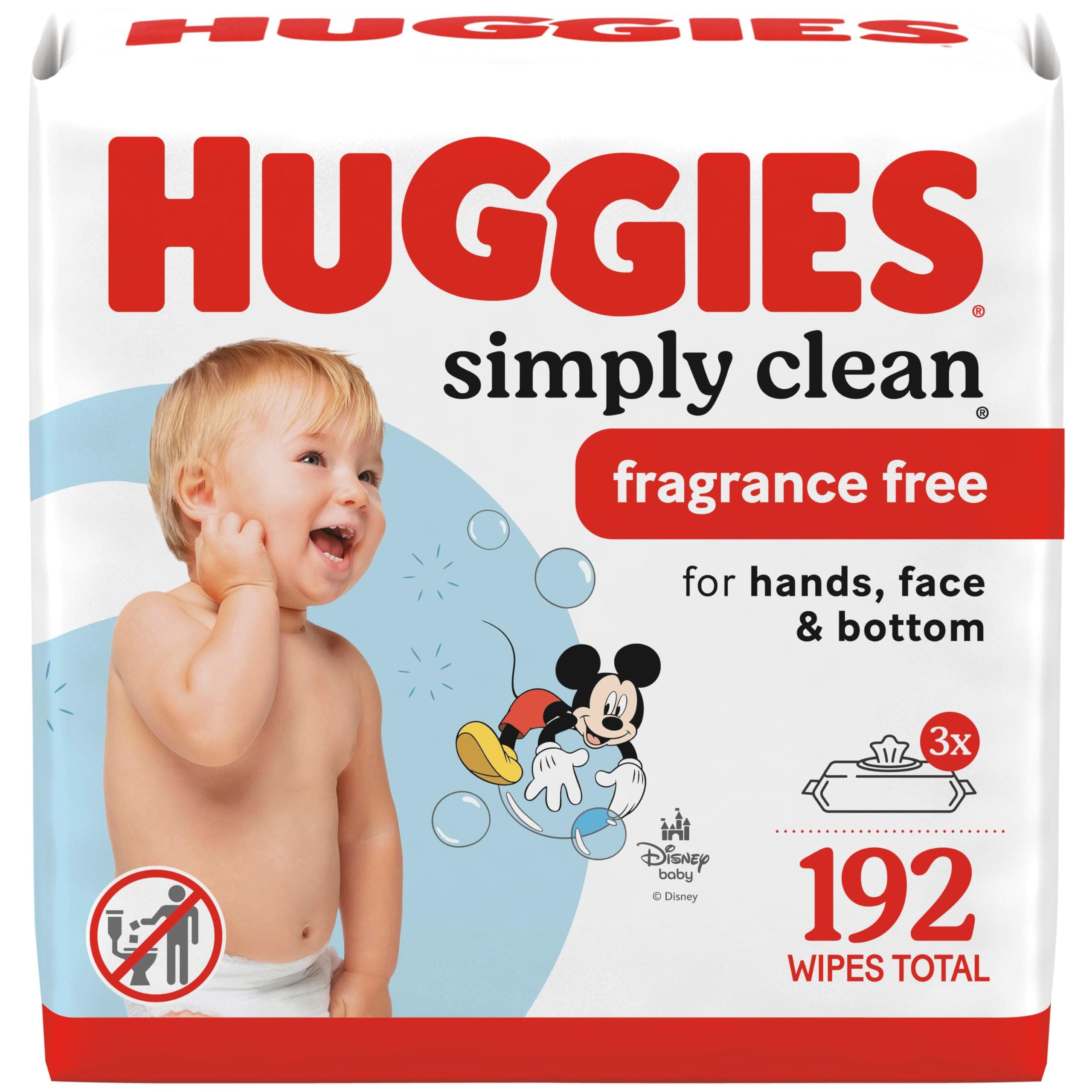 Huggies Simply Clean Unscented Baby Diaper Wipes, 3 Flip-Top Packs (192 Wipes Total), Packaging May Vary 64 Count (Pack of 3)