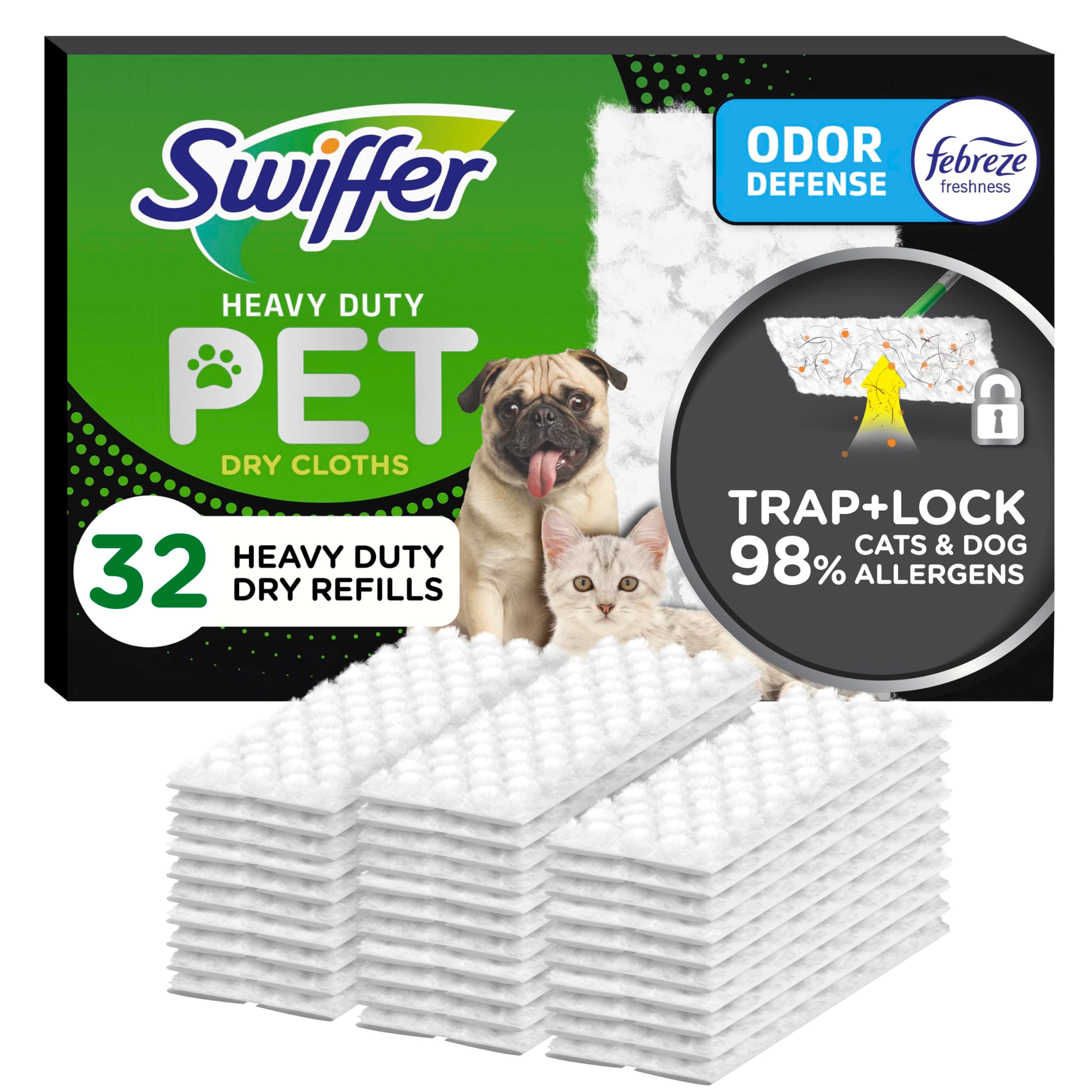 Swiffer Sweeper Pet, Heavy Duty Dry Sweeping Cloth Refills with Febreze Odor Defense, Floor Cleaning, 32 Count