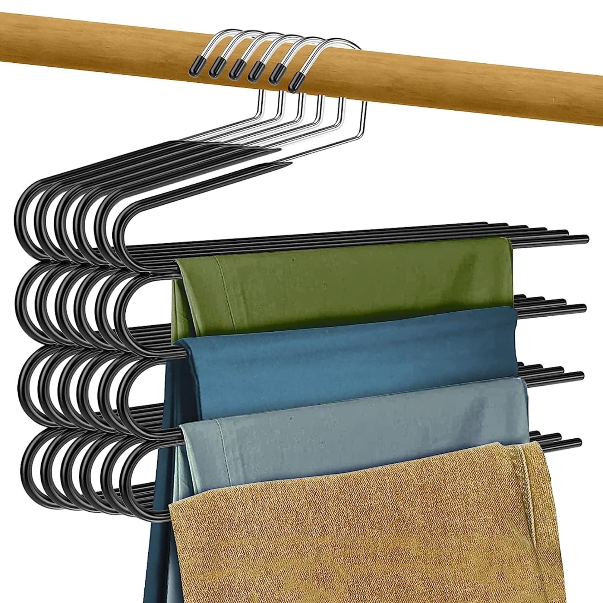 Set of 6 Multi-Purpose 4-Tier Metal Hangers – Space-Saving Non-Slip Hangers for Pants, Jeans, Skirts, and Shorts