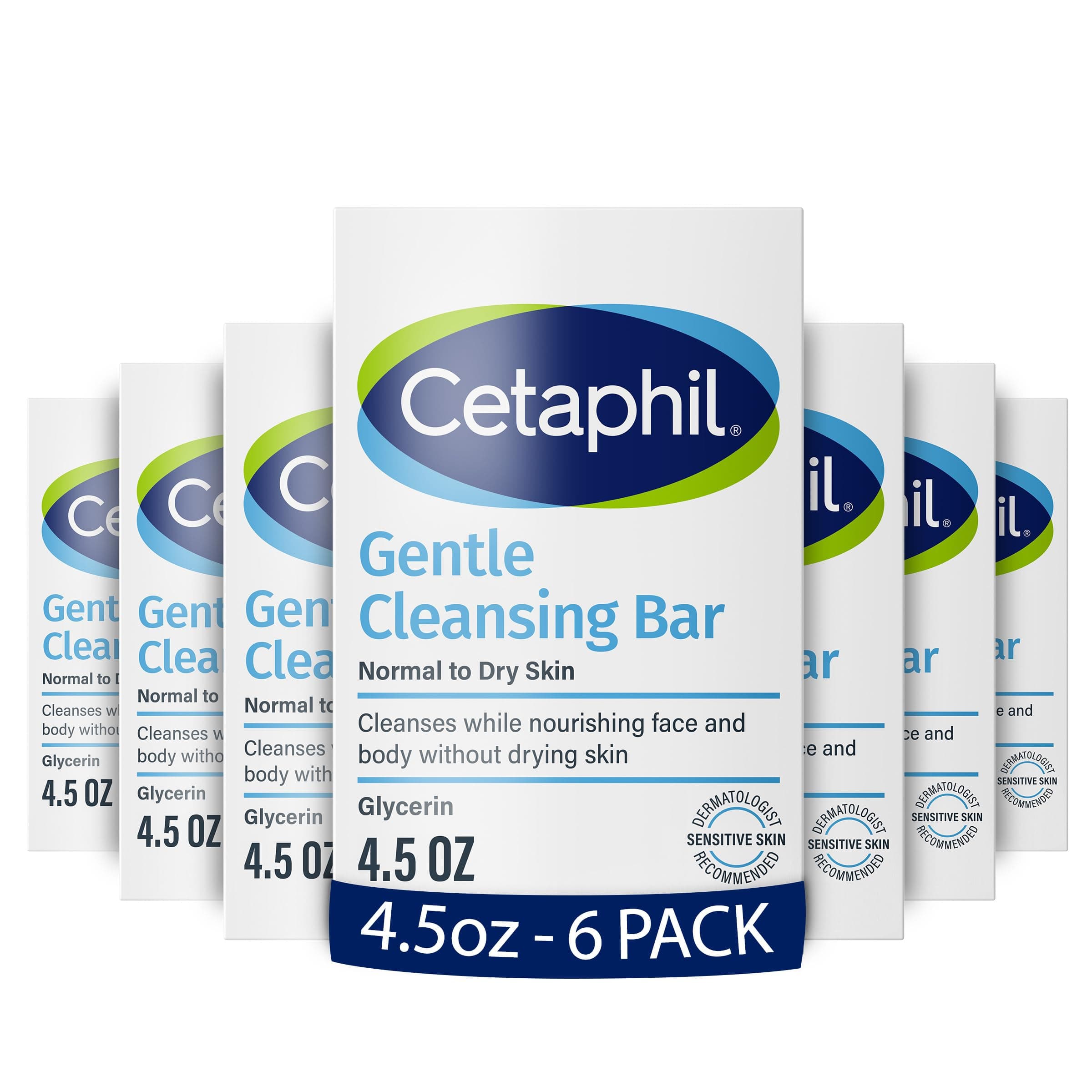 Cetaphil Gentle Cleansing Bar, 4.5 oz (Pack of 6), Nourishing Cleansing Bar For Dry, Sensitive Skin, Non-Comedogenic Unscented 4.5 Ounce (Pack of 6)