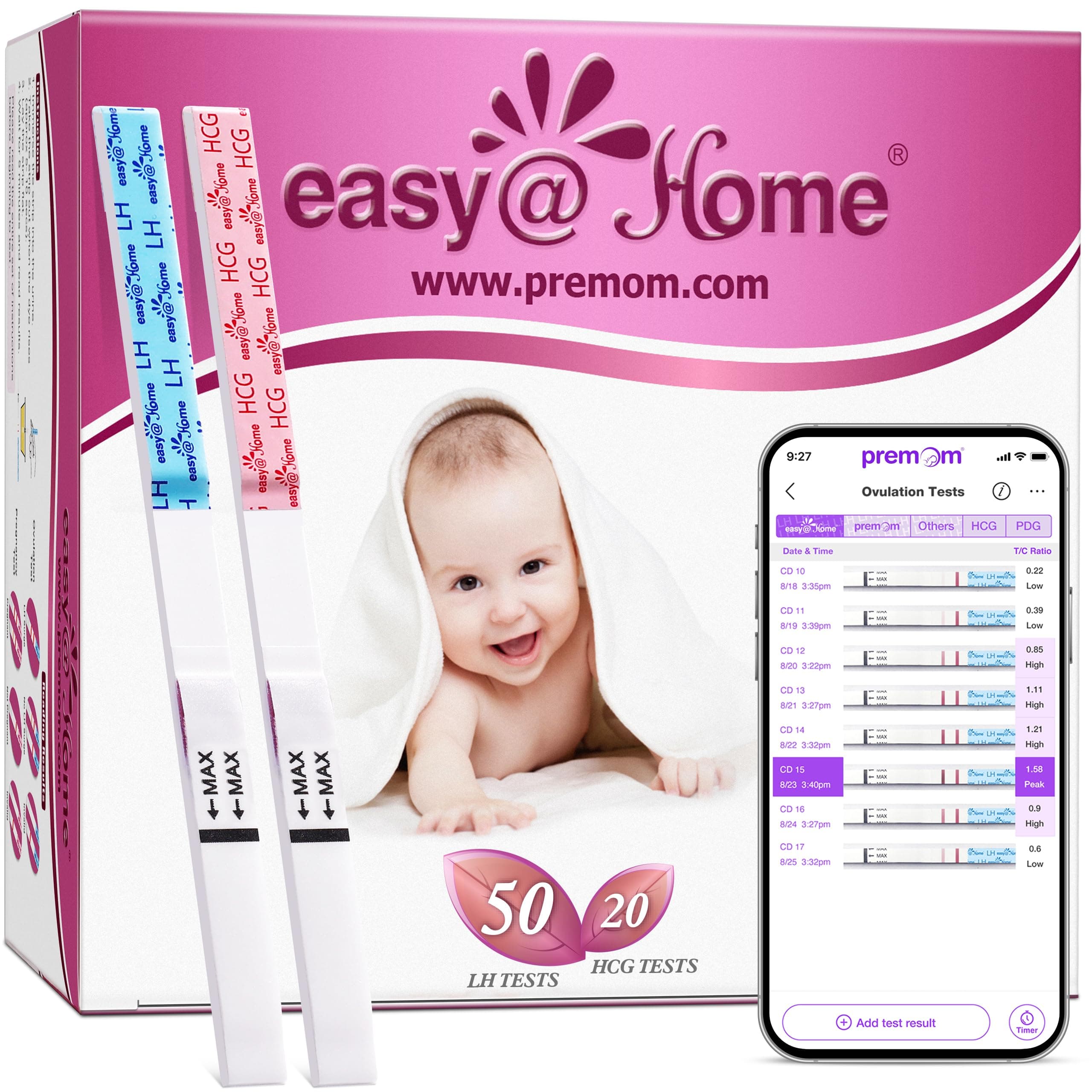 Easy@Home 50 Ovulation Test Strips and 20 Pregnancy Test Strips Combo Kit, (50 LH + 20 HCG)-Package May Vary 70 Count (Pack of 1)