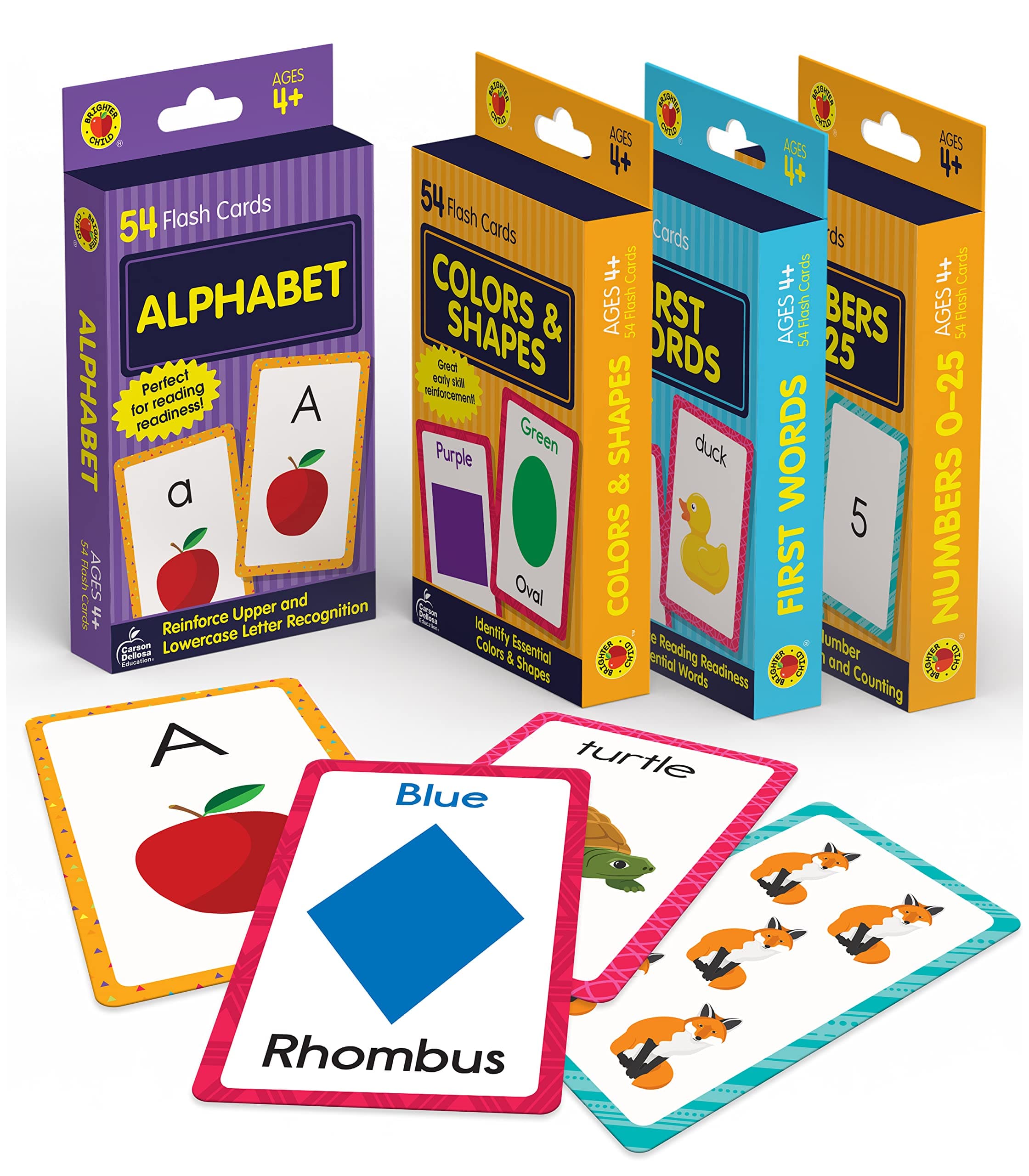 Carson Dellosa Toddler Flash Cards 4 Pack, Alphabet Flash Cards, Sight Word Flash Cards, Colors & Shapes Flash Cards, Number Flash Cards, Math & Phonics Kindergarten - Preschool Learning Activities 4+ Early Learning