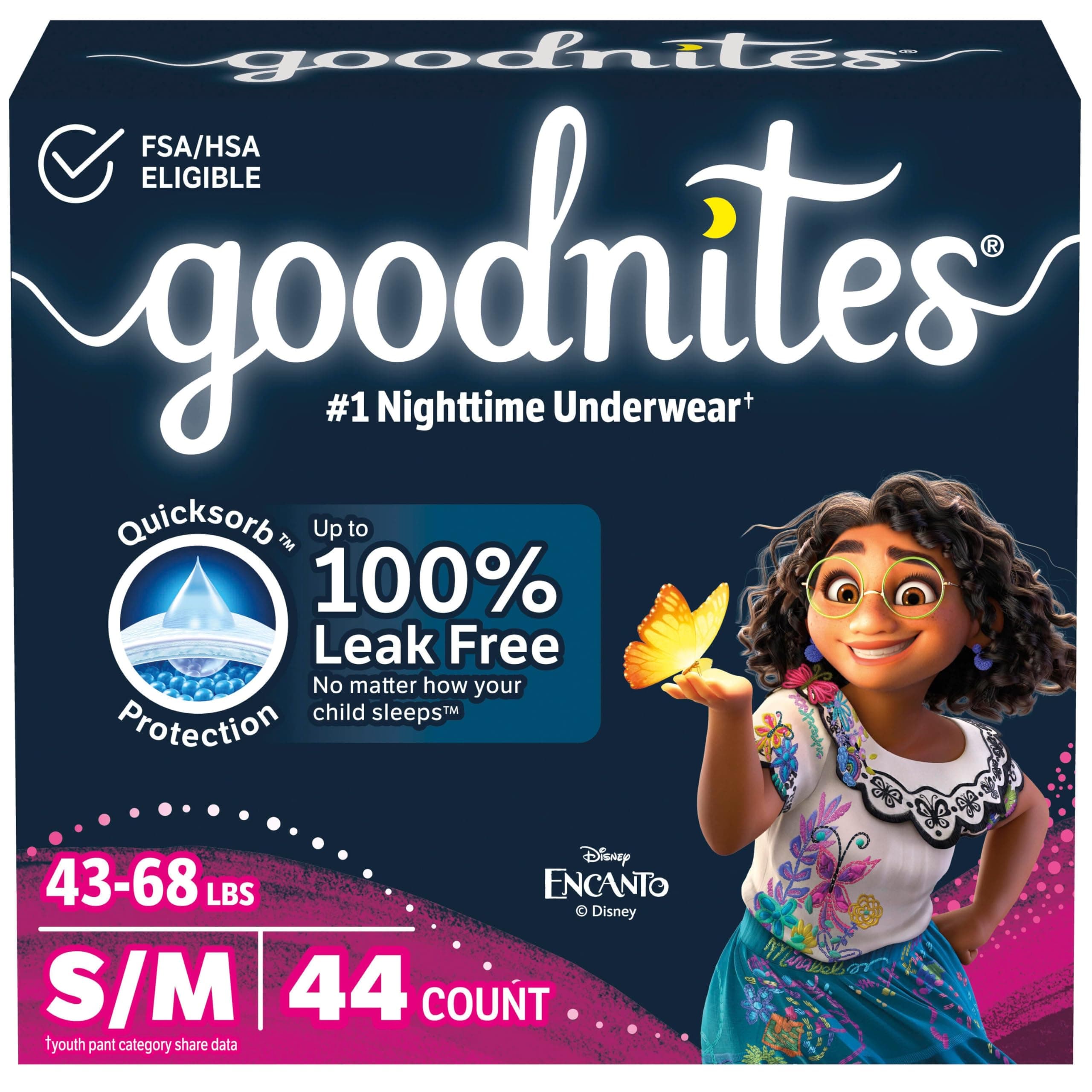 Goodnites Girls' Nighttime Bedwetting Underwear, Size S/M (43-68 lbs), 44 Ct (2 Packs of 22), Packaging May Vary Small/Medium 44