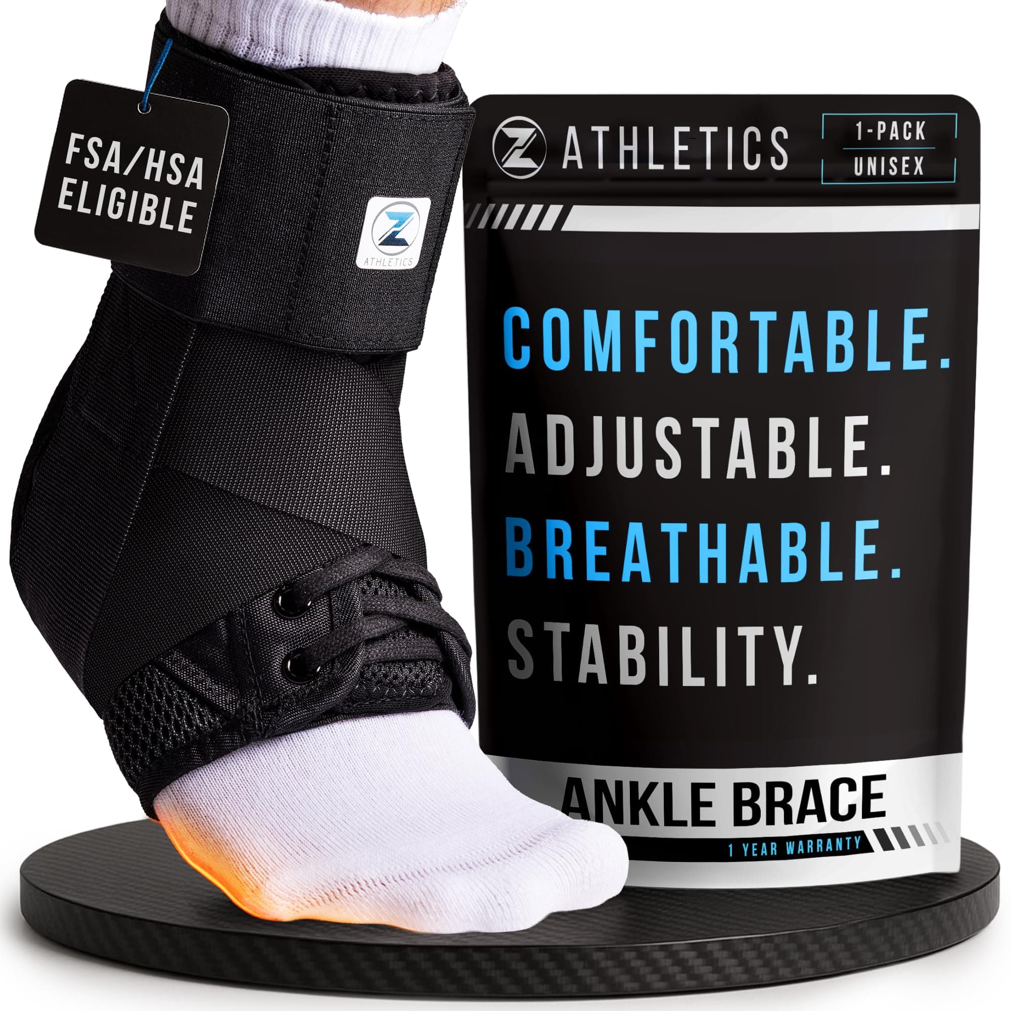 Z ATHLETICS Ankle Brace for Women & Men - Lace Up Adjustable Support with Side Stabilizers for Sprained Ankle, Achilles Tendonitis Relief | Basketball, Volleyball, Running & Sports Recovery Black Medium (Pack of 1)