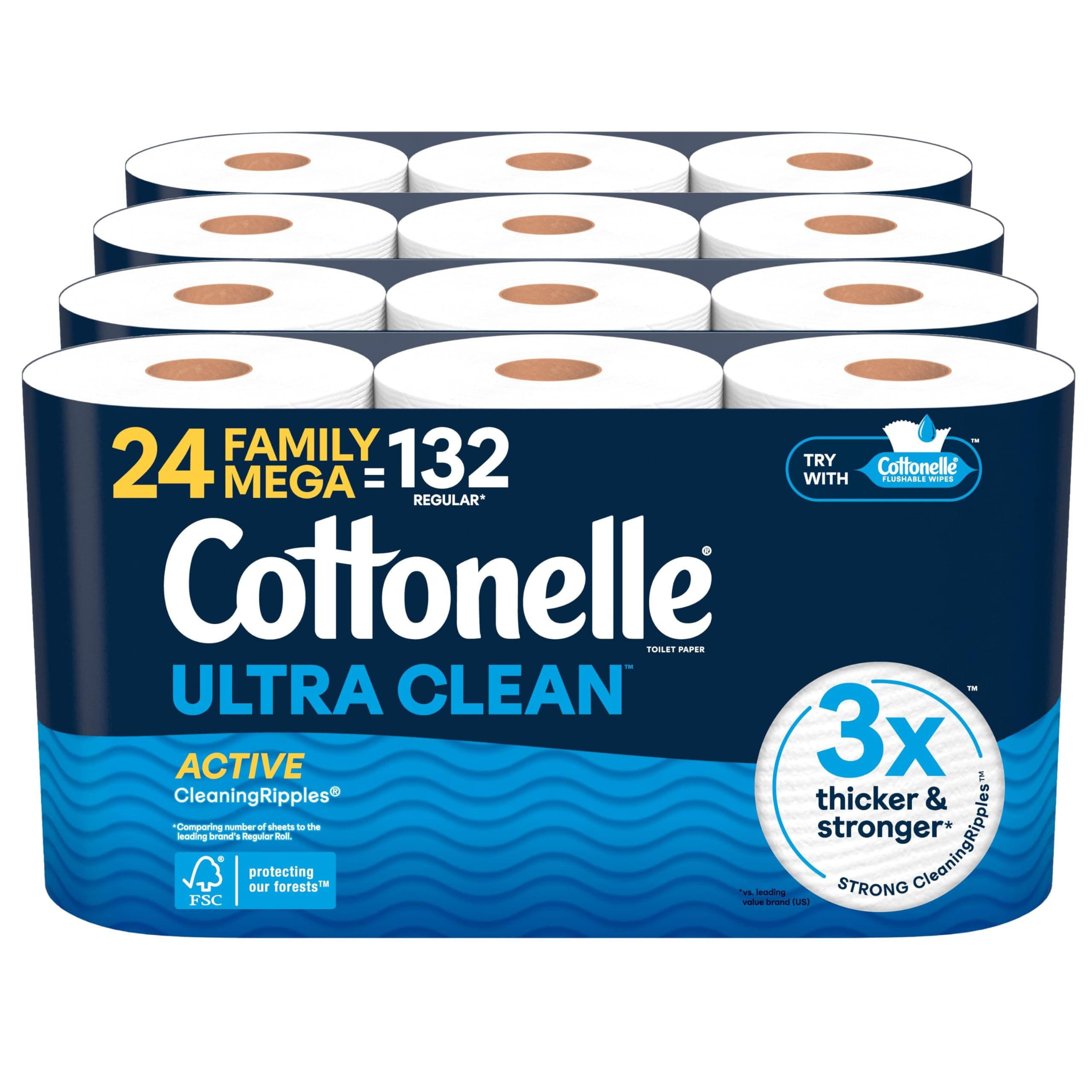 Cottonelle Ultra Clean Toilet Paper with Active CleaningRipples Texture, Strong Bath Tissue, 24 Family Mega Rolls = 132 Regular Rolls (4 Packs of 6) Family Mega 353 Sheets (Pack of 24)