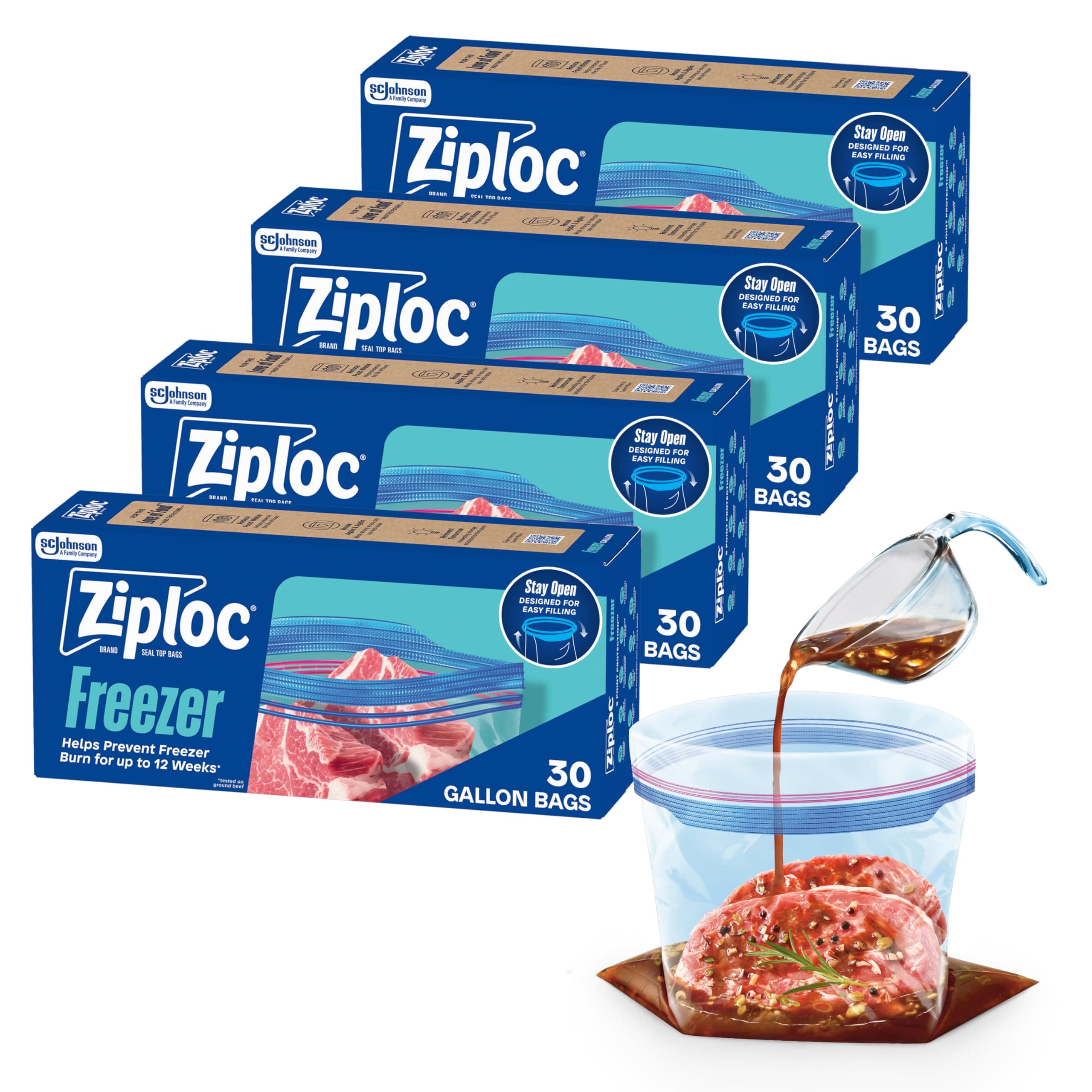 Ziploc Gallon Food Storage Freezer Bags, 120ct Total, Stand-Up Bottom, Easy to Fill, 30 Count, 4 Pack (Packaging May Vary) Gallon 120 Count