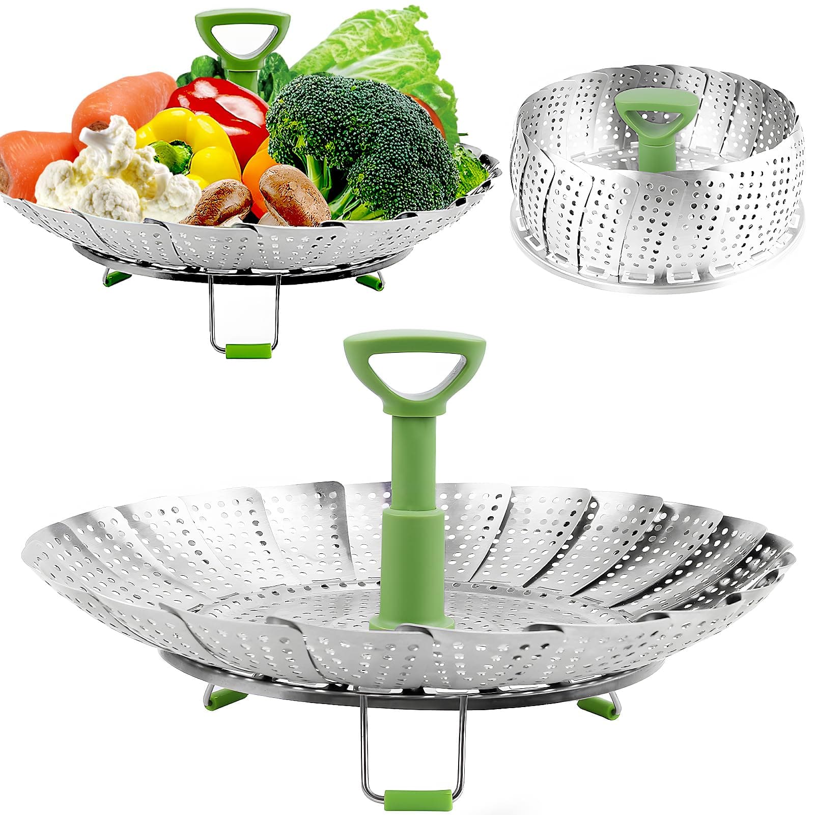 Consevisen Vegetable Steamer Basket for Cooking Food, Stainless Steel Veggie Steam Basket for Pot, Folding Expandable Steaming Insert with Extendable Handle Fits Various Size Pot, 5.1" to 9"