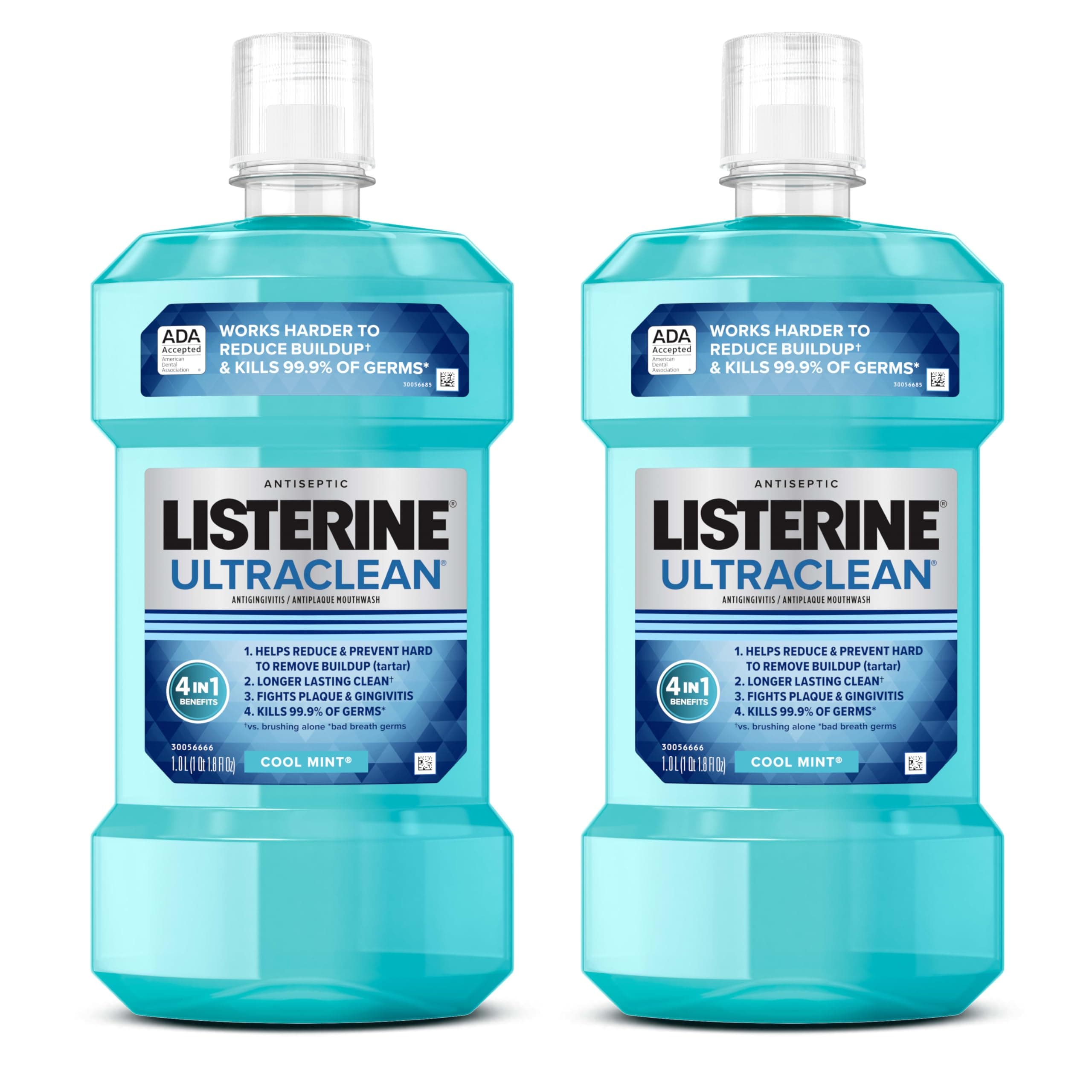 Listerine Ultraclean Oral Care Antiseptic Mouthwash, Everfresh Technology to Help Fight Bad Breath, Gingivitis, Plaque & Tartar, ADA-Accepted Oral Rinse, Cool Mint, 1 L, Pack of 2 mint 33.8 Fl Oz (Pack of 2)