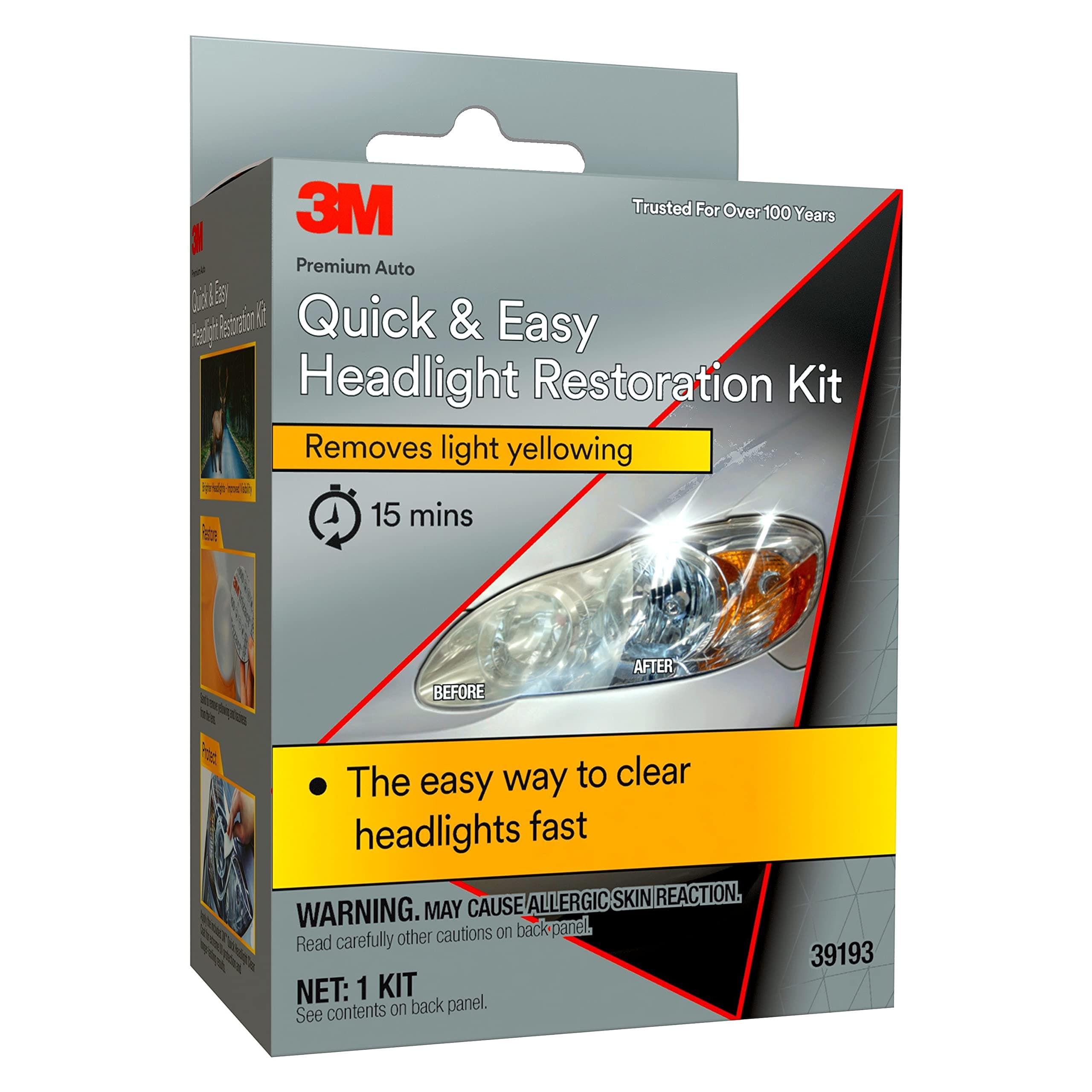 3M Quick and Easy Headlight Restoration Kit, Removes Light Yellowing in 15-Minutes, 39193, 1 Kit Easy, No Tools Required