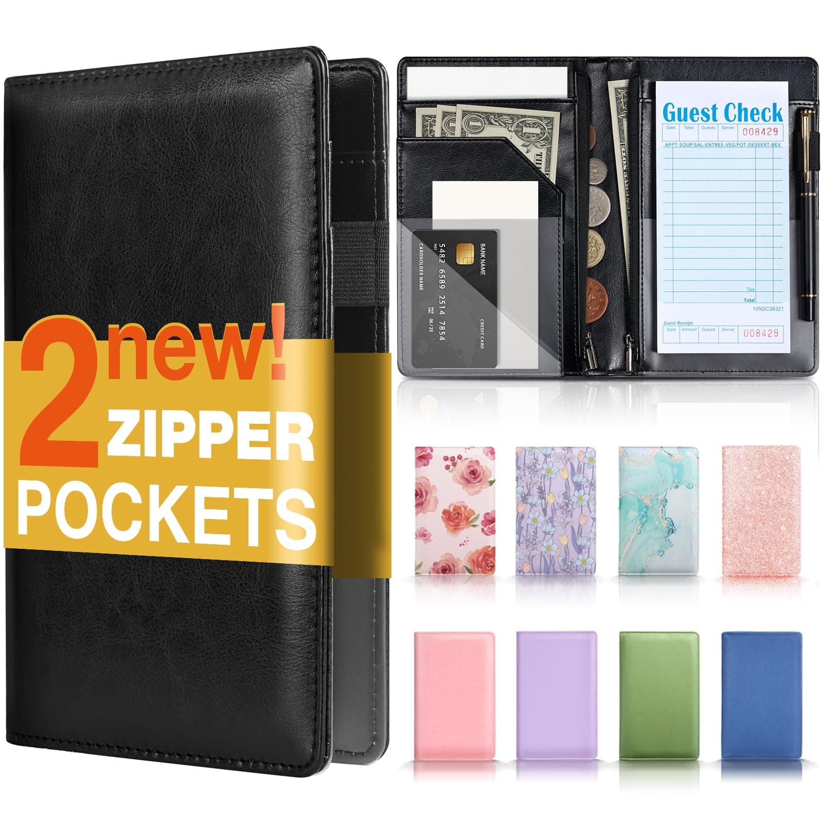 Forvencer Server Book, 2 Zipper Pocket, Server Books for Waitress, Waitress Book for Servers, Fits Waitress Apron, Guest Book, Waitress Accessories, Serving Book,Receipt Holder, Black Black Standard Version