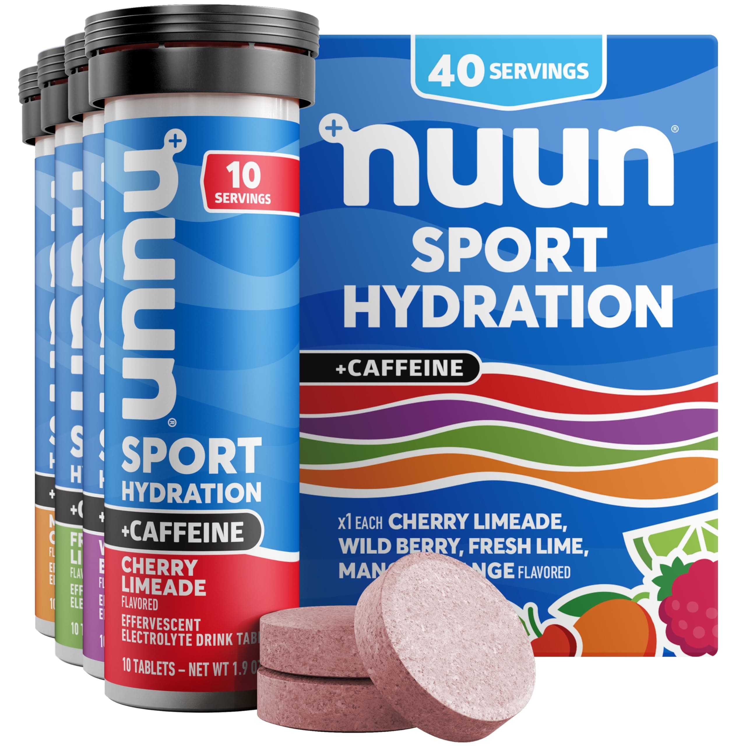 Nuun Sport Electrolyte Tablets with Caffeine from Green Tea Extract, Magnesium, Calcium, Potassium, Chloride & Sodium, Gluten Free & Vegan, Mixed Flavors, 4 Pack (40 Servings Total) Mixed Flavors - With Caffeine 40 Count (Pack of 1)